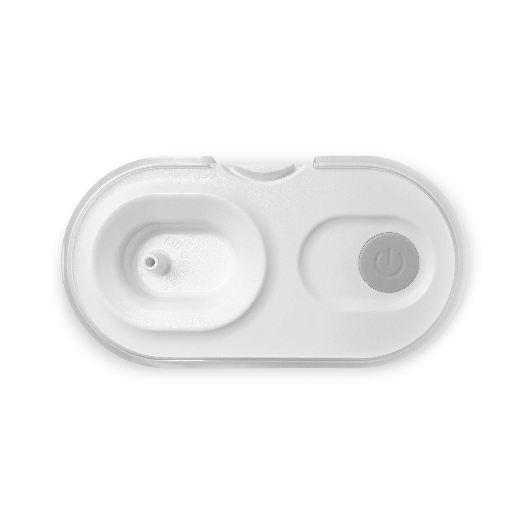 Białe plastikowe urządzenie z okrągłą sekcją, owalną sekcją i przyciskiem zasilania. Białe tło.