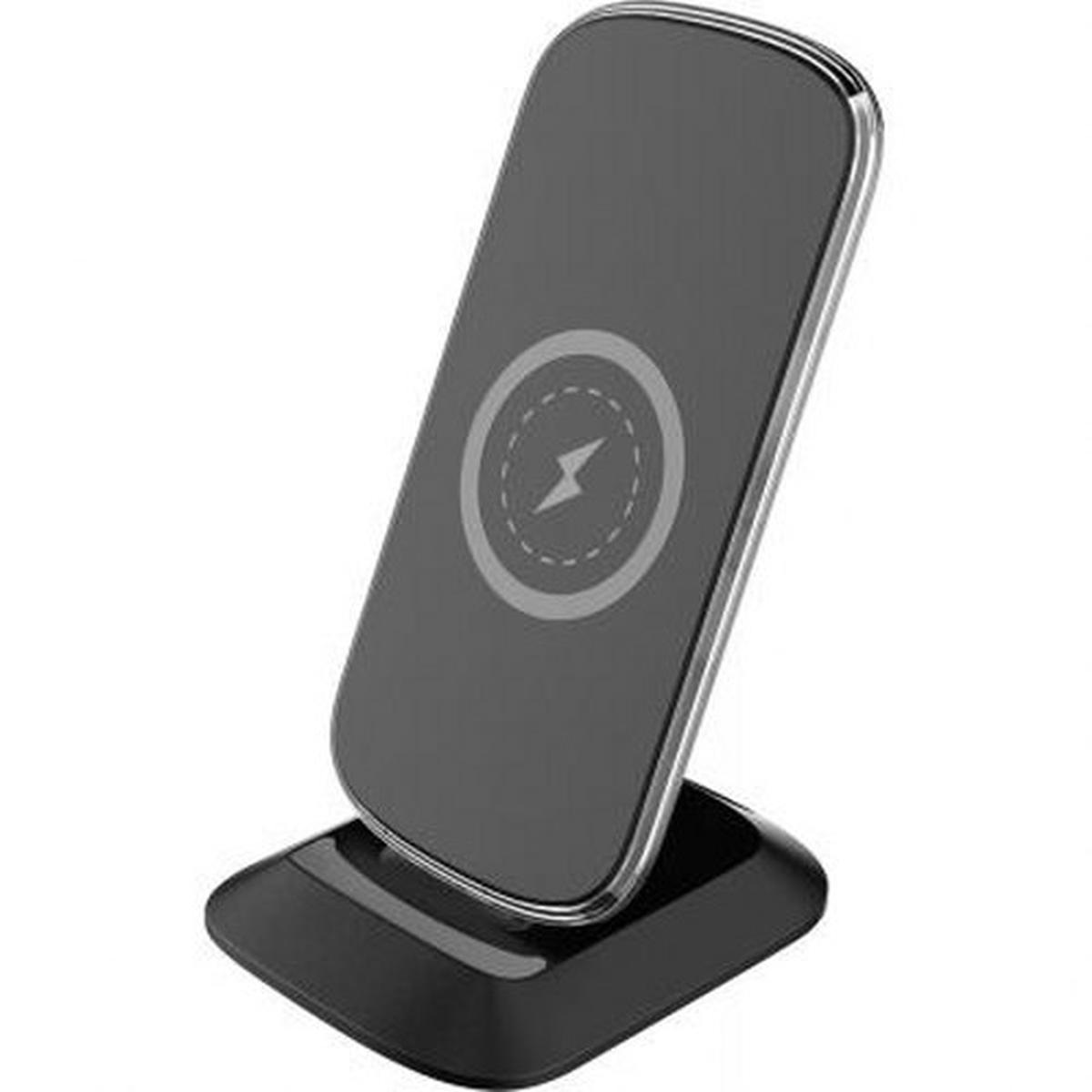 Ein schwarzes drahtloses Telefonladegerät mit silberner Umrandung. Es hat ein Ladesymbol auf der Vorderseite und einen schwarzen Sockel.