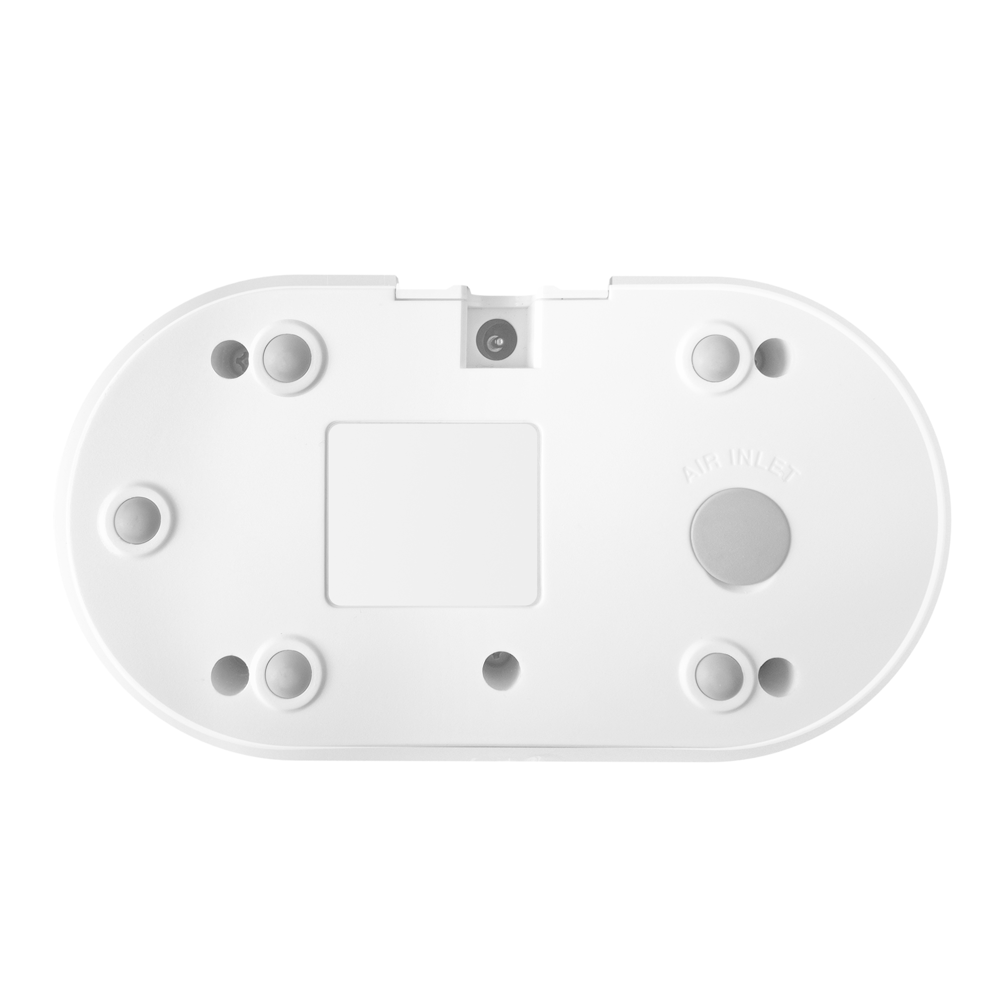 Spód białego owalnego urządzenia z szarymi przyciskami, otworami i prostokątnym wcięciem. Tekst 'AIR INLET'.