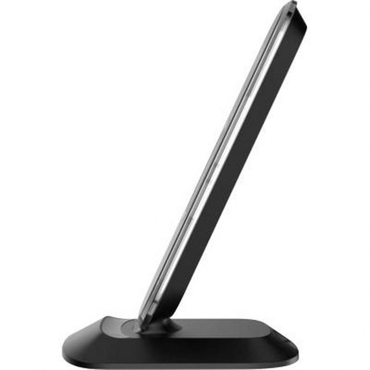 Ein schwarzer kabelloser Ladeständer ist nach oben abgewinkelt. Der Ständer hat ein schlankes Design mit Metallkante und abgerundeter Basis.