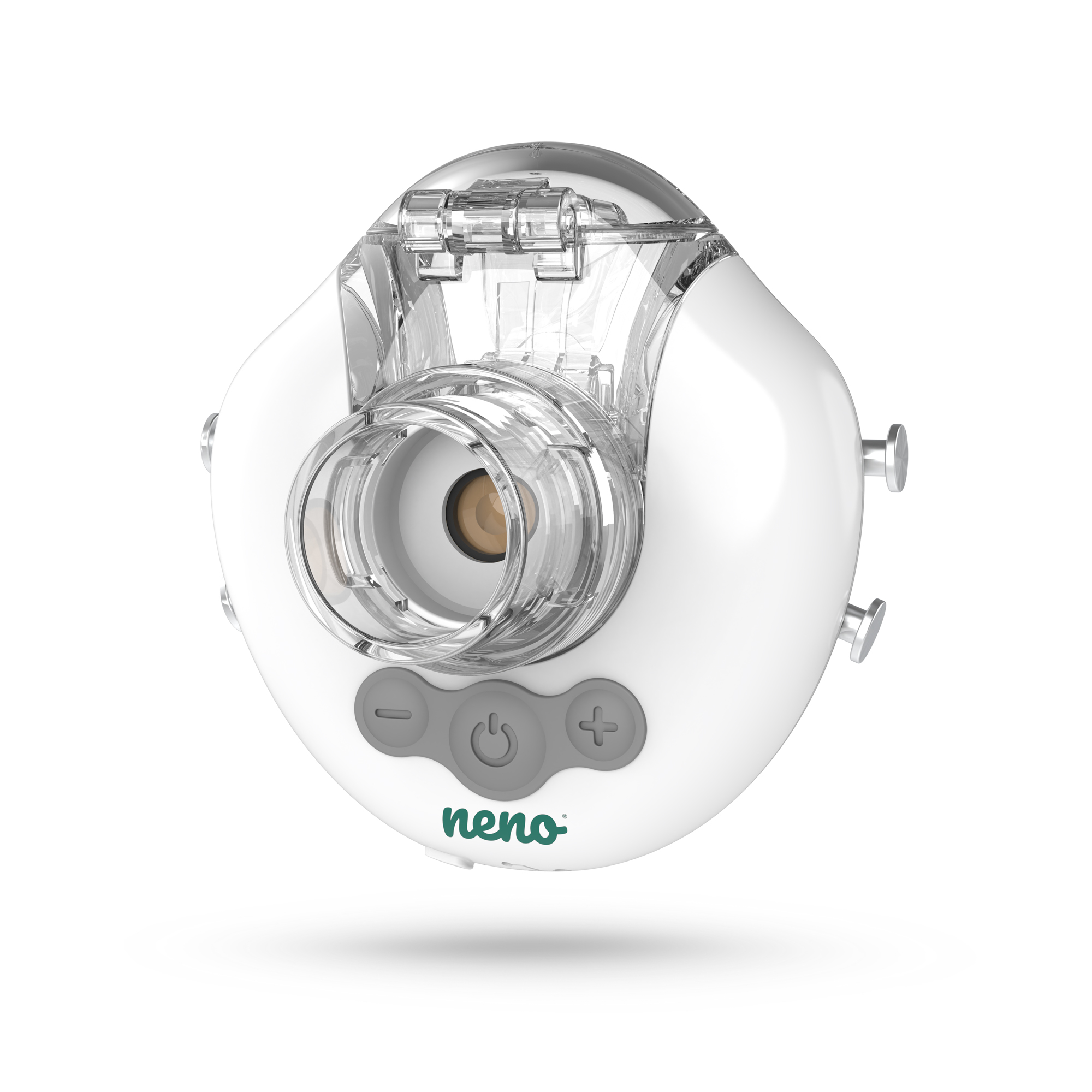 Biała i przezroczysta pompa do piersi z przyciskami. Ma przycisk zasilania, przyciski plus i minus oraz nazwę marki: neno.
