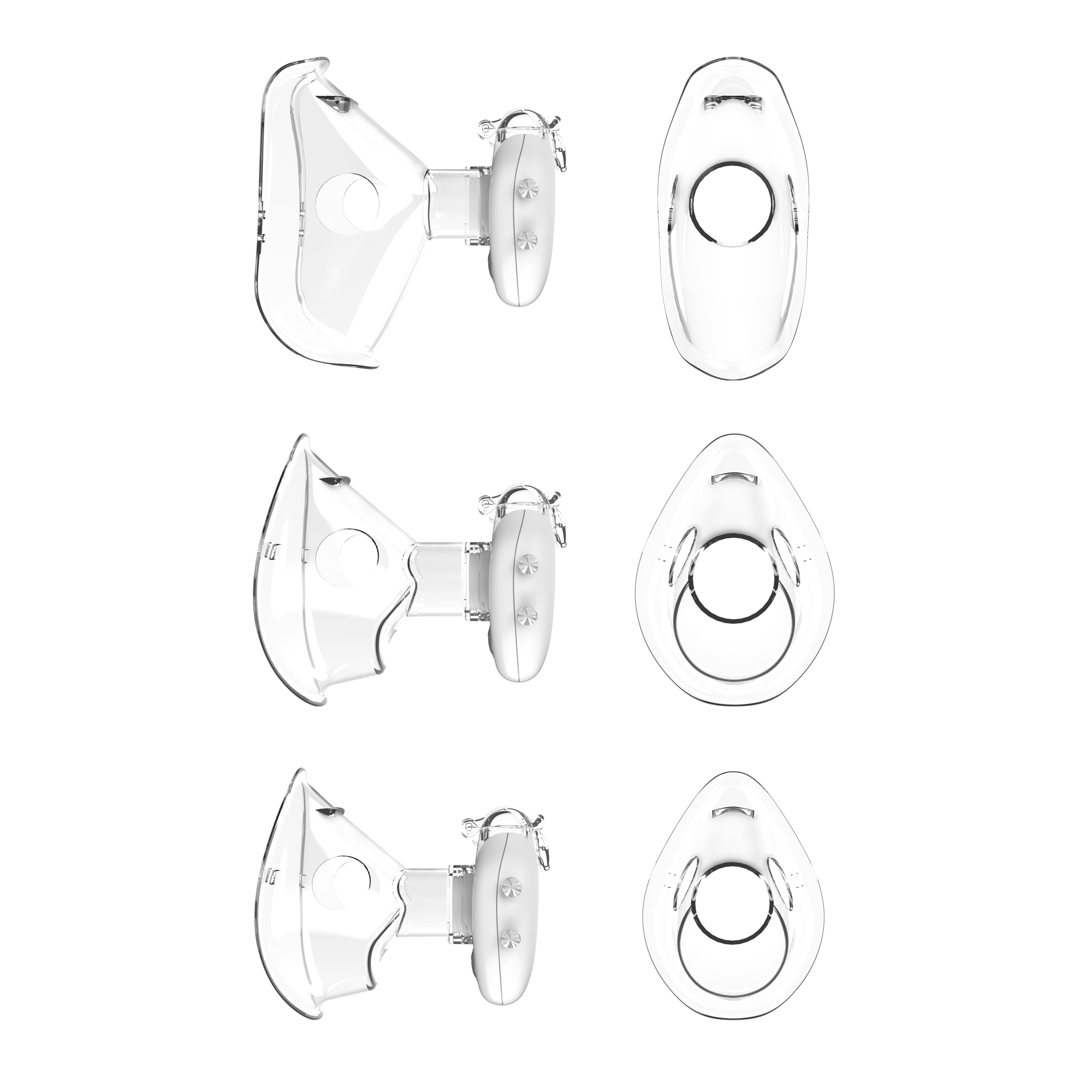 Przezroczysta maska medyczna z białym mocowaniem, w wielu widokach. Izolowana na białym tle.