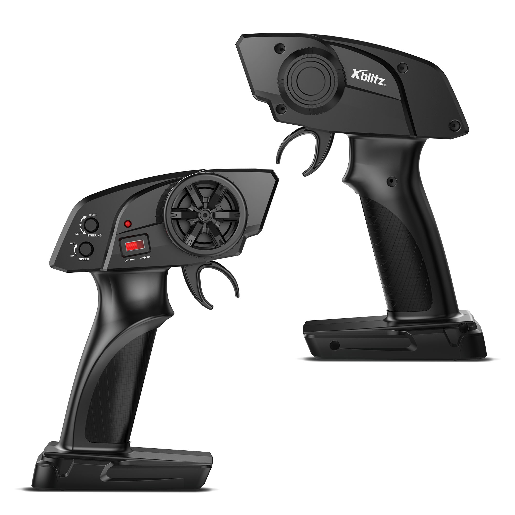 Dwa czarne piloty do samochodów RC. Jeden ma pokrętło i przyciski, drugi spust i logo Xblitz.