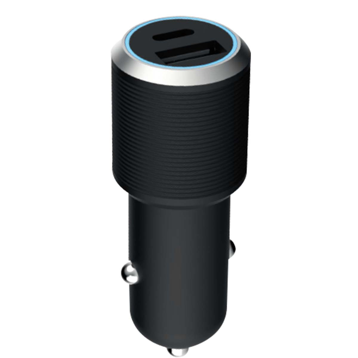 Ein schwarzes Autoladegerät mit geripptem Oberteil und einem silber-blauen Oberteil mit USB-Anschlüssen. Es hat einen abgerundeten Boden.