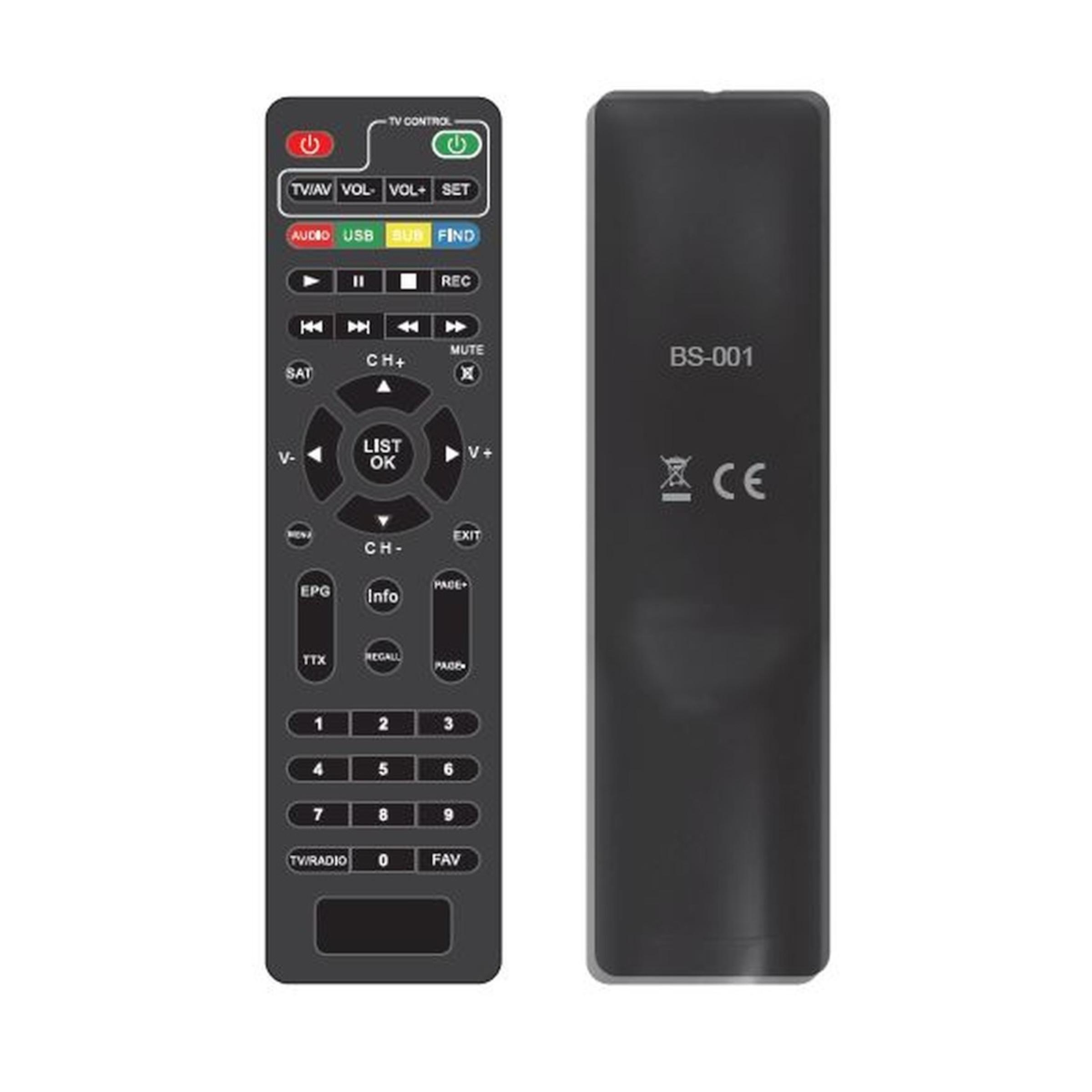 Das Bild zeigt eine schwarze Fernbedienung. Knöpfe sind Power, Lautstärke, Kanal und Nummern. Auf der Rückseite steht BS-001.