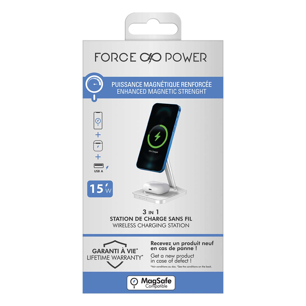 Eine weiße Box mit einer kabellosen Ladestation. Ein Telefon wird geladen. Text: 'FORCE POWER' und 'MagSafe Compatible'.