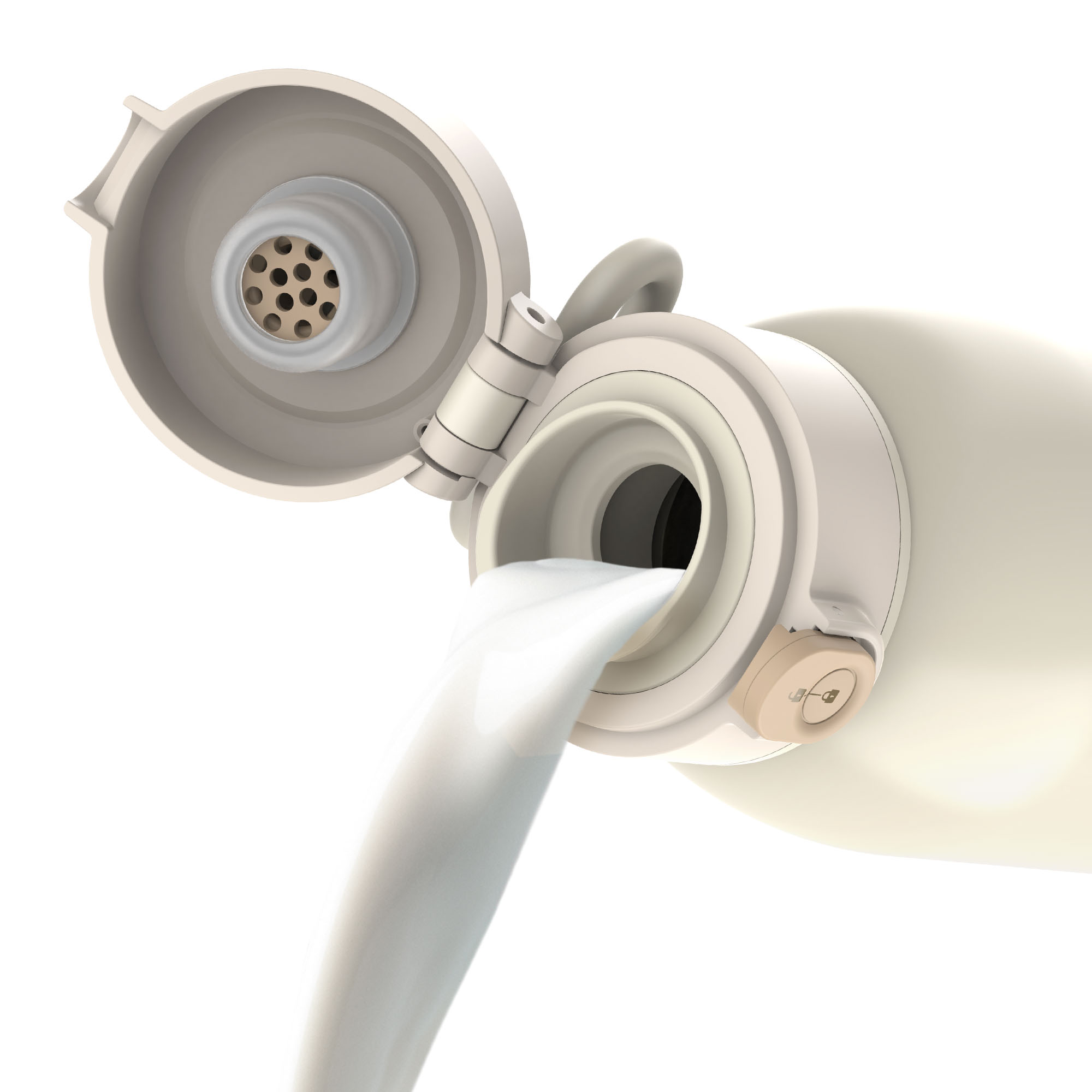 Kremowy pojemnik przechyla się, wylewając białą ciecz. Pokrywa jest otwarta. Tło jest białe.