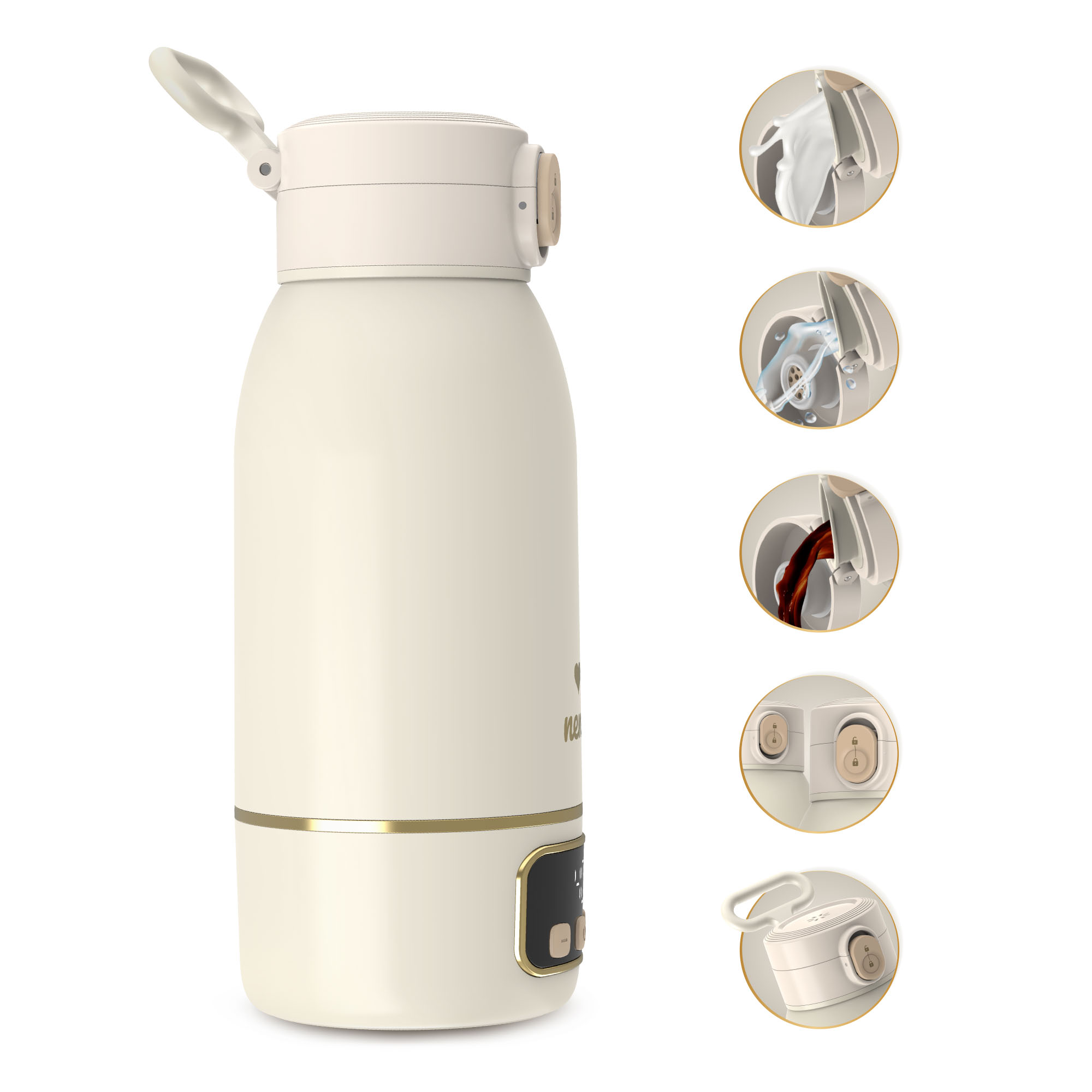 Kremowa butelka na wodę z uchwytem, pokrywką i złotymi akcentami. Szczegółowe ujęcia pokazują wlewanie płynów i funkcje.