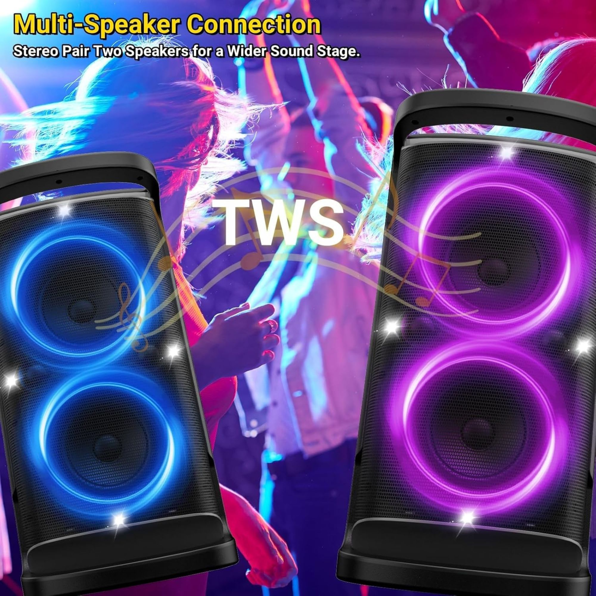 Dwa głośniki z niebieskim i fioletowym światłem, z napisem 'TWS'. Obraz reklamuje połączenie wielu głośników.