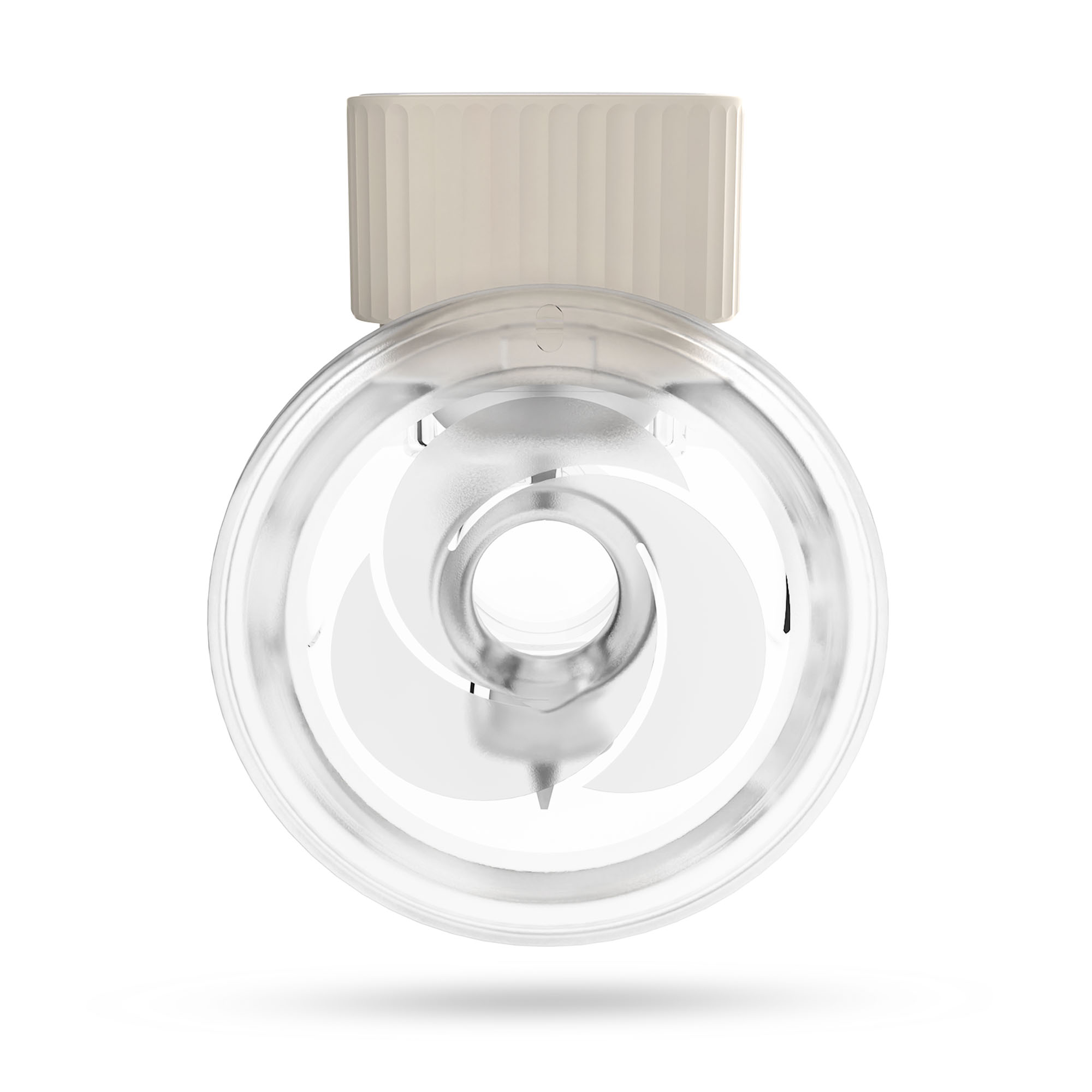 Przezroczysty plastikowy przedmiot z beżową górą. Obiekt ma okrągły kształt z centralnym wzorem wirowym.