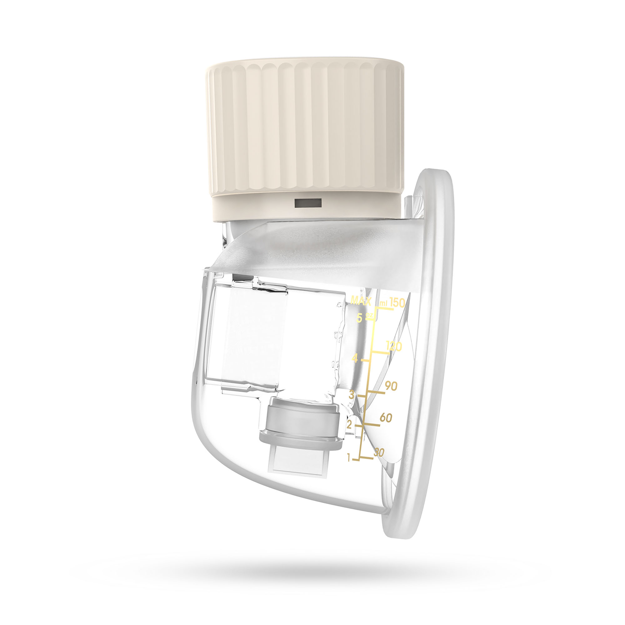 Przezroczysta laktator z kremową nasadką. Posiada oznaczenia objętości i przezroczysty pojemnik. Tło jest białe.