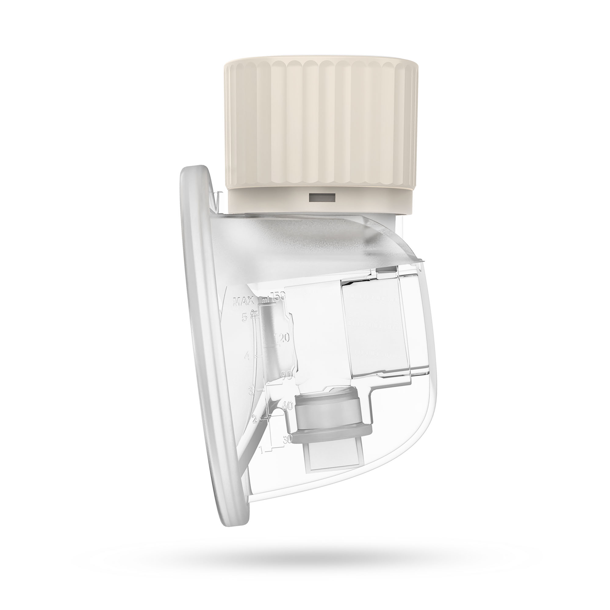 Przezroczysta, plastikowa laktator z beżową górą. Ma oznaczenia miar i przezroczysty korpus z beżową górą.