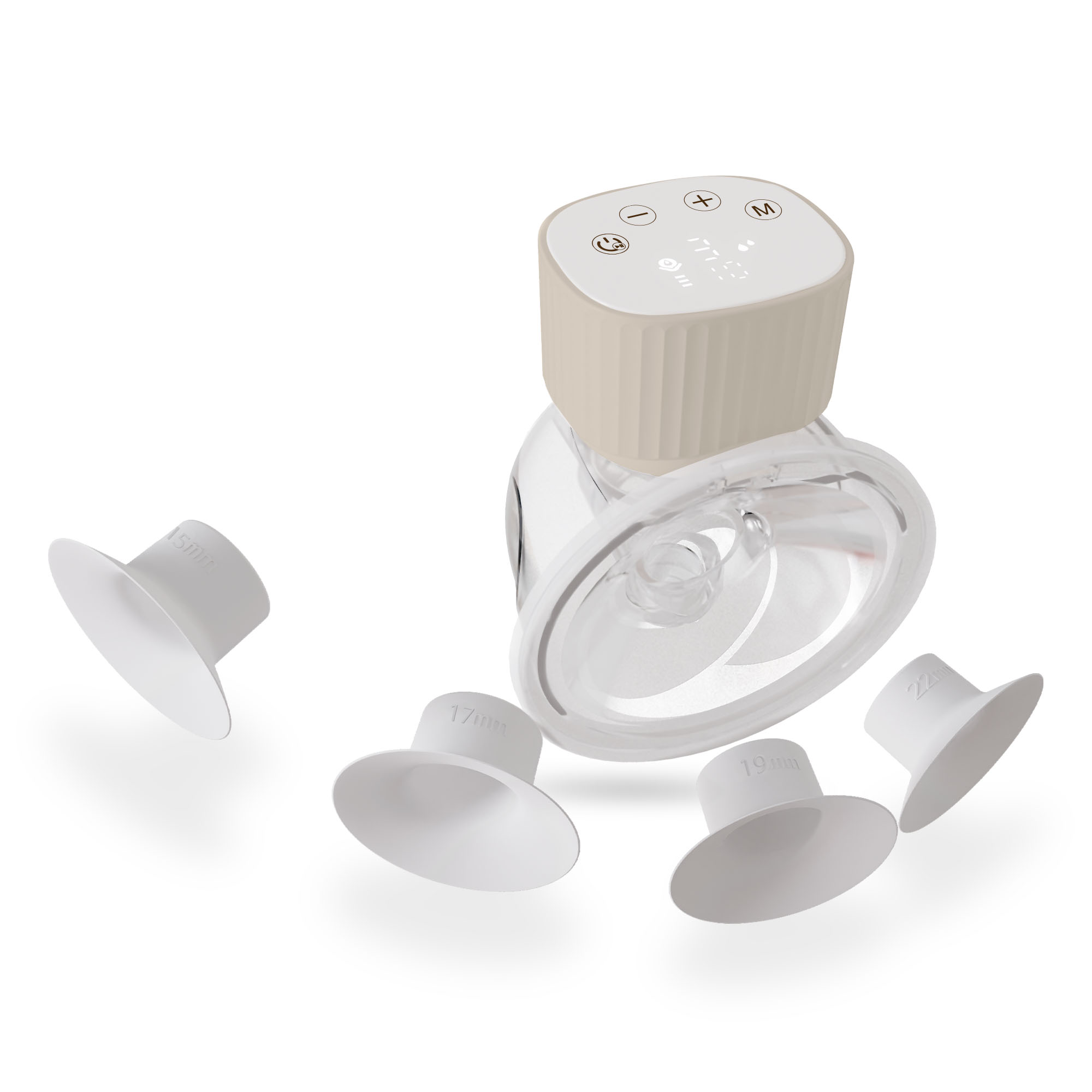 Laktator z białymi kołnierzami o różnych rozmiarach. Pompka ma beżową górę z przyciskami.