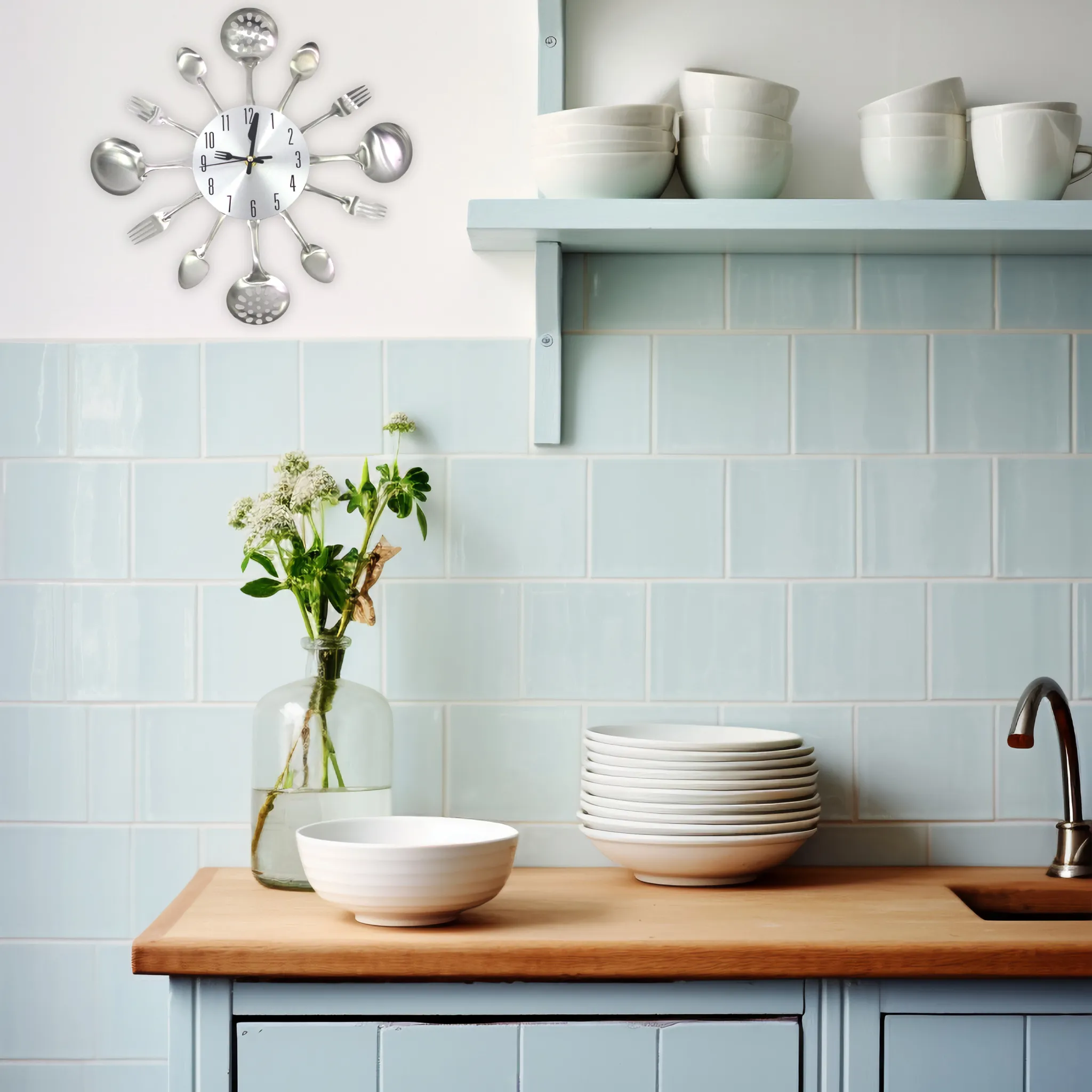 Eine Küchenszene mit einer Uhr aus Utensilien, weißen Geschirr und einer Vase mit Blumen. Hellblaue Fliesen bilden den Hintergrund.