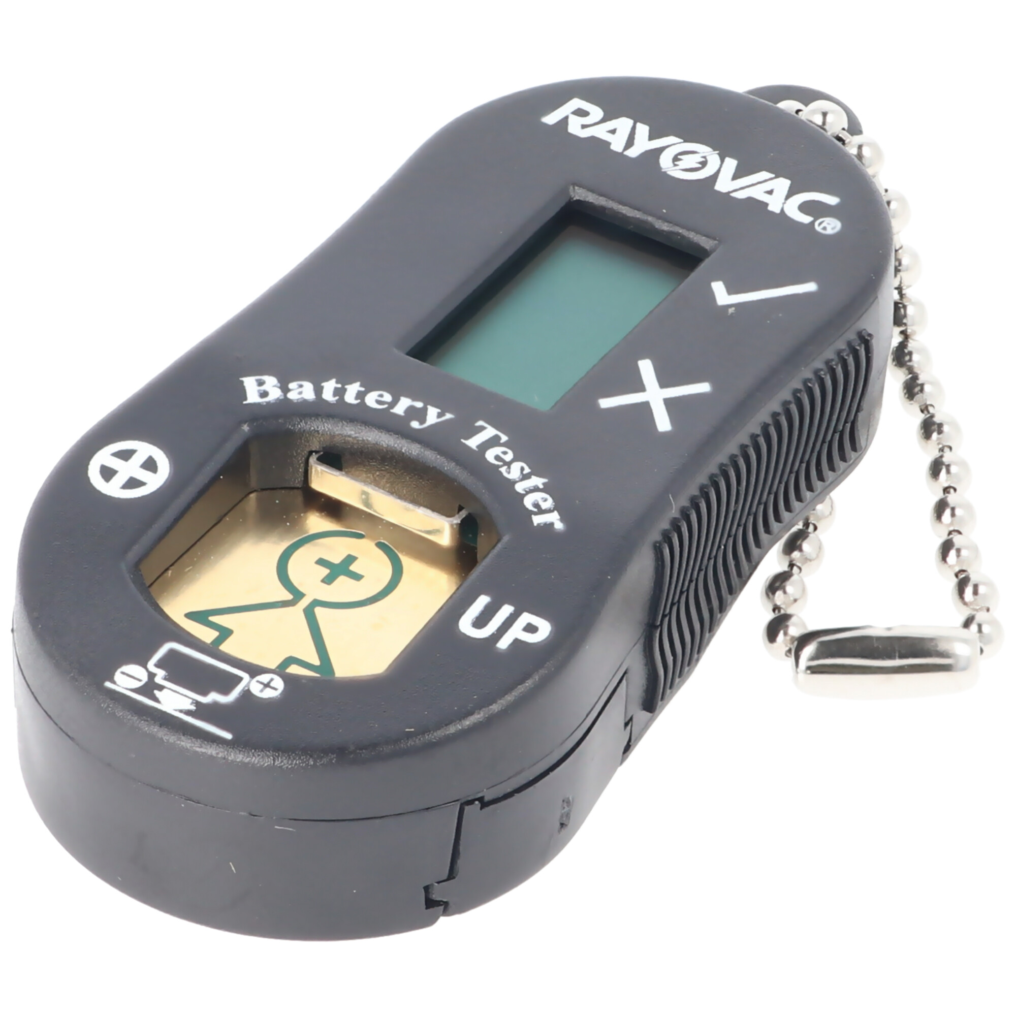 Ein Rayovac-Batterietester. Schwarzes ovales Gerät mit Bildschirm, Knöpfen und Kette. Zeigt 'Batterietester'.