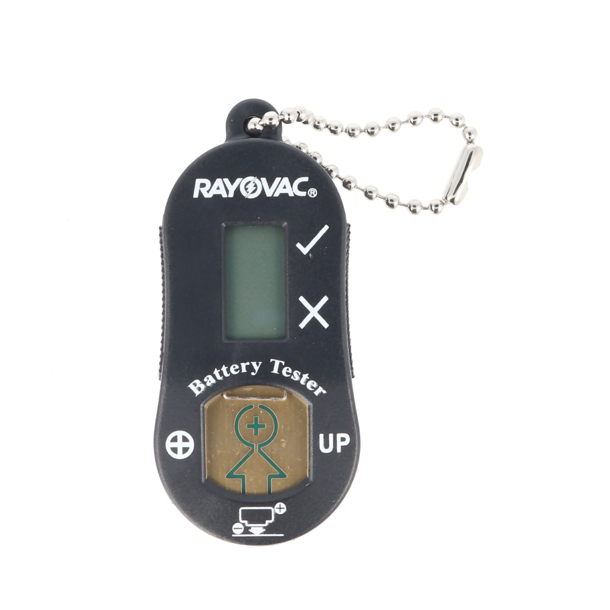 Ein schwarzes Rayovac-Batterietestgerät mit einem Häkchen, einem X und einem Batteriesymbol. Es befindet sich auf weißem Hintergrund.