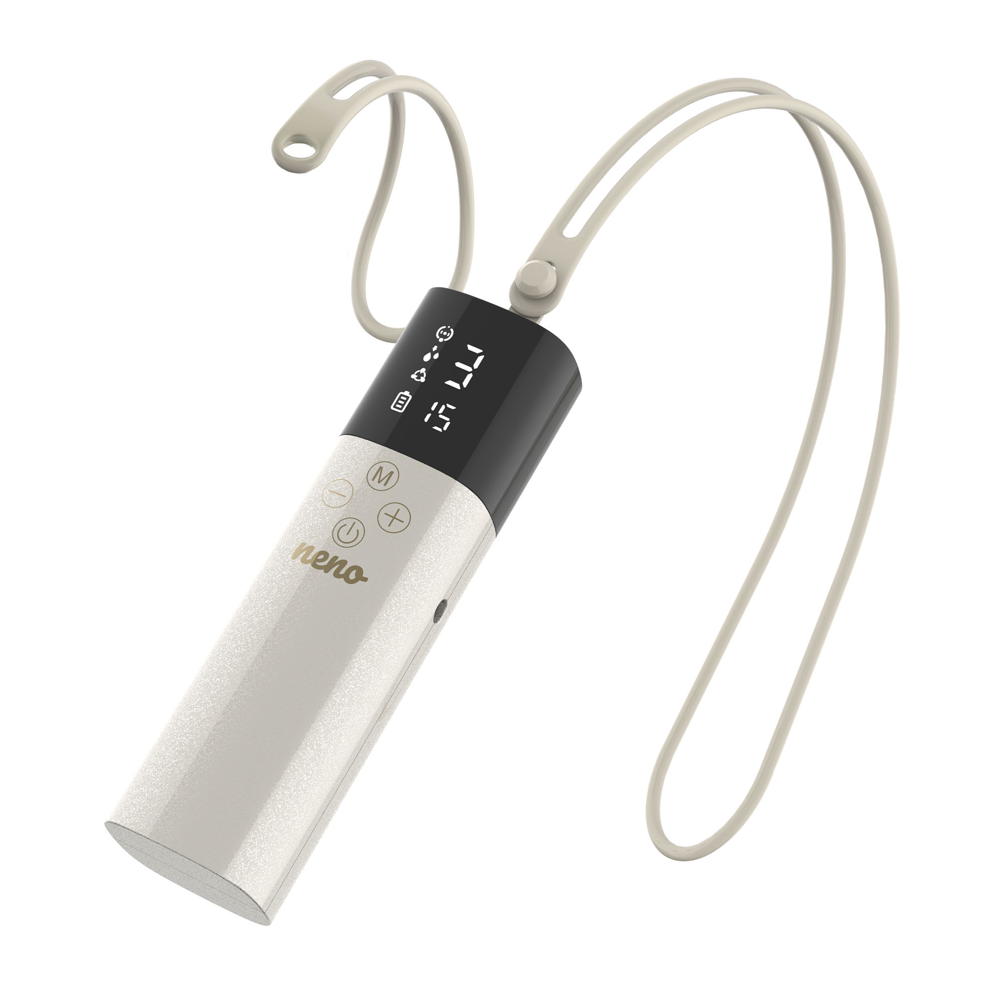 Biało-czarne urządzenie z wyświetlaczem i przyciskami, przymocowane do smyczy. Urządzenie ma markę 'neno'.