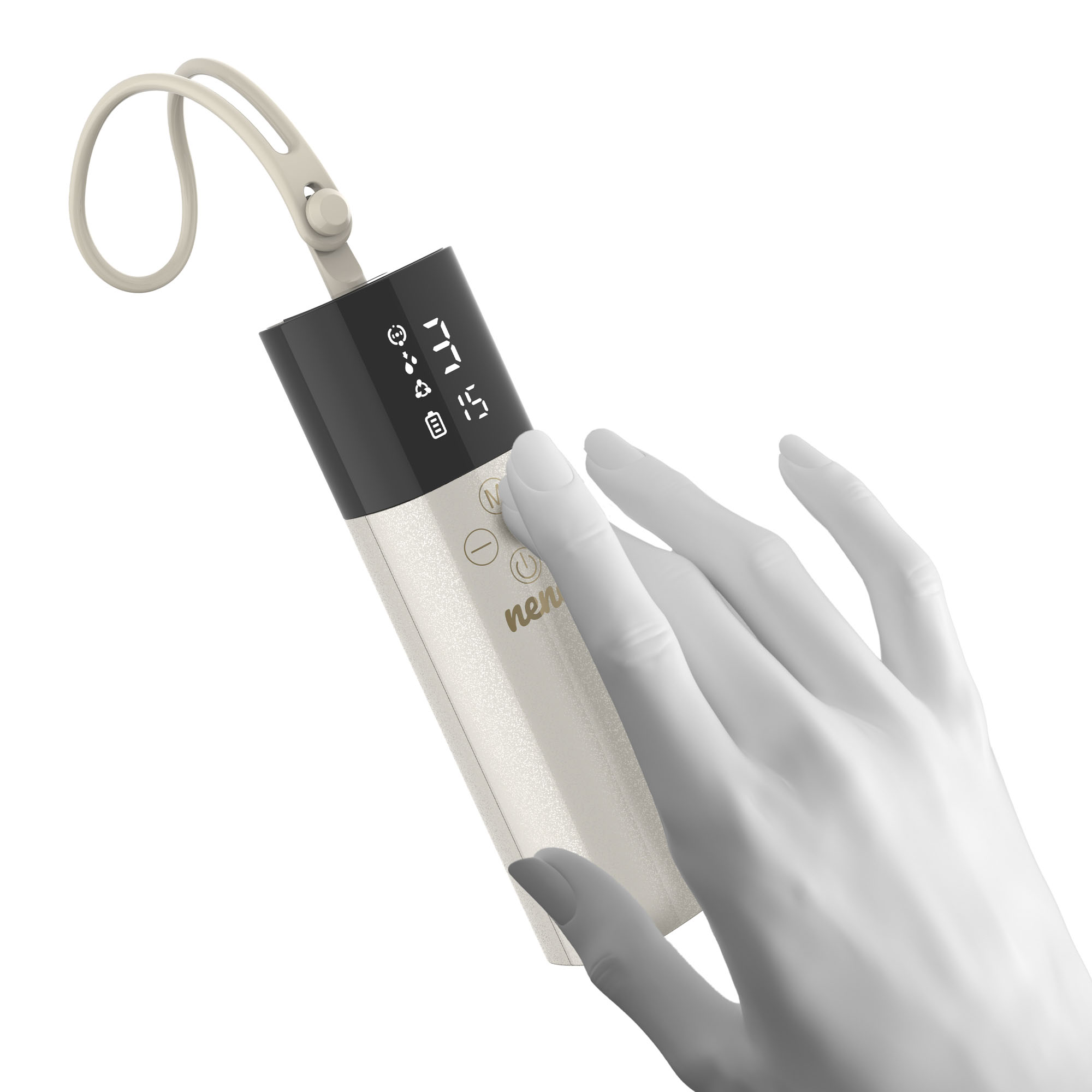 Ręka dotyka urządzenia z ekranem wyświetlającym numery. Urządzenie jest beżowe i czarne, ze smyczą.