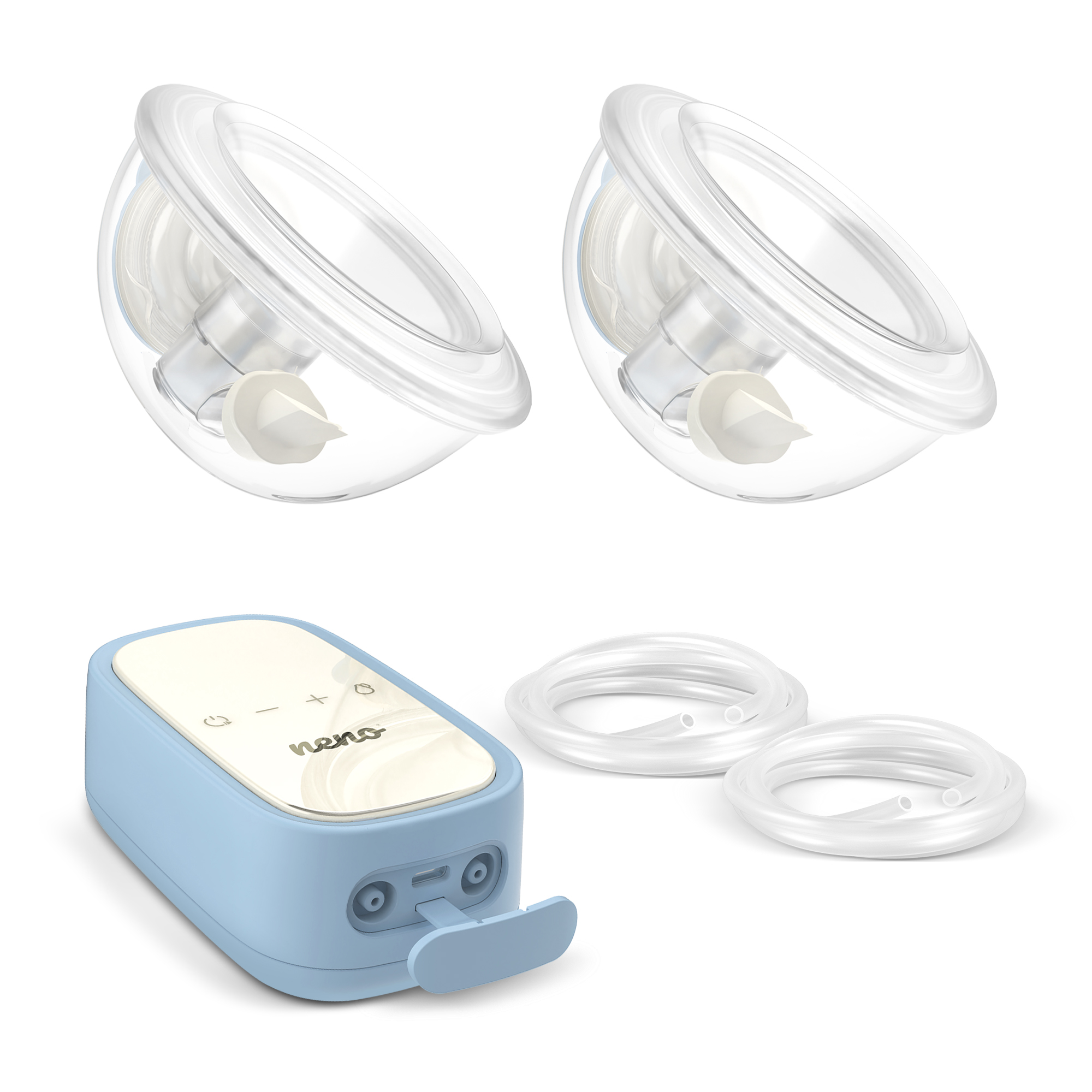 Części laktatora: dwie przezroczyste przyssawki, niebieska podstawa pompy, rurki i białe tło.