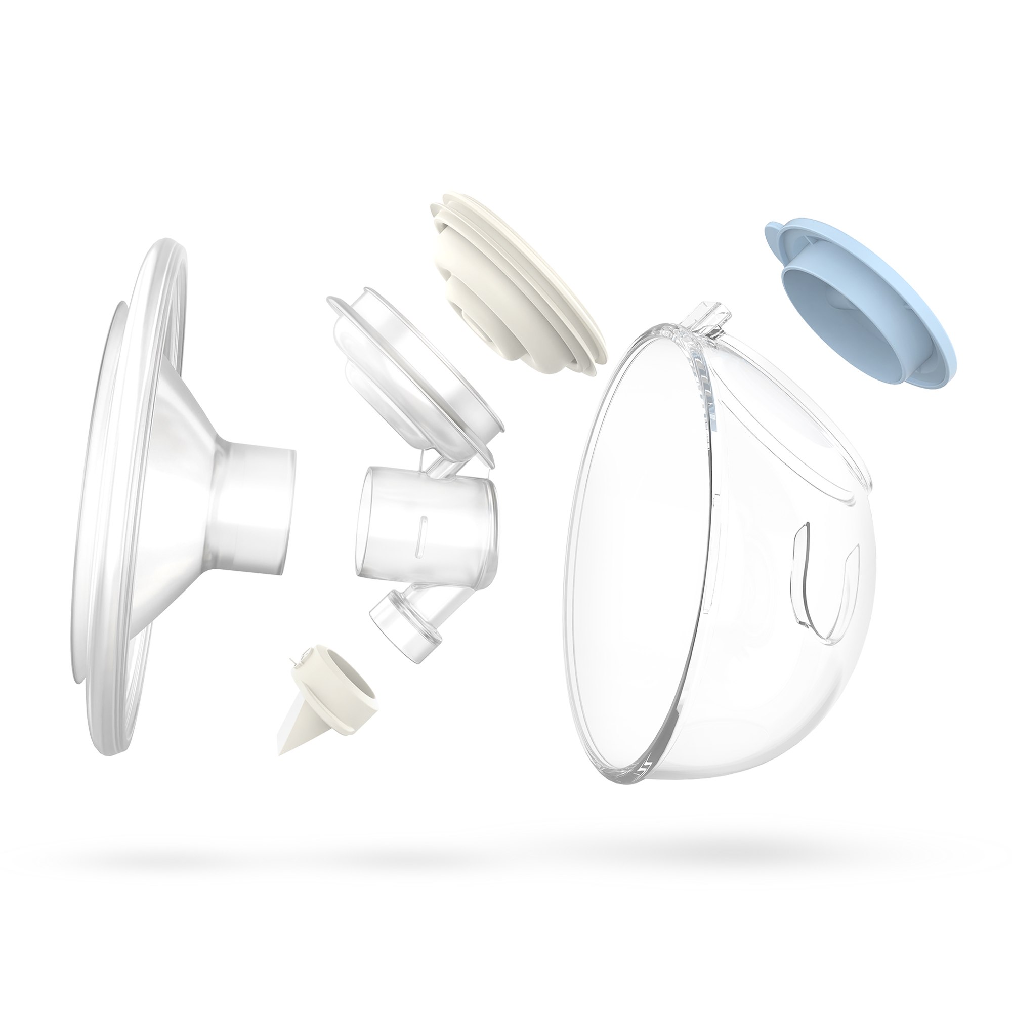 Widok rozstrzelony laktatora, pokazujący różne przezroczyste plastikowe i białe elementy oraz niebieską pokrywę, na białym tle.