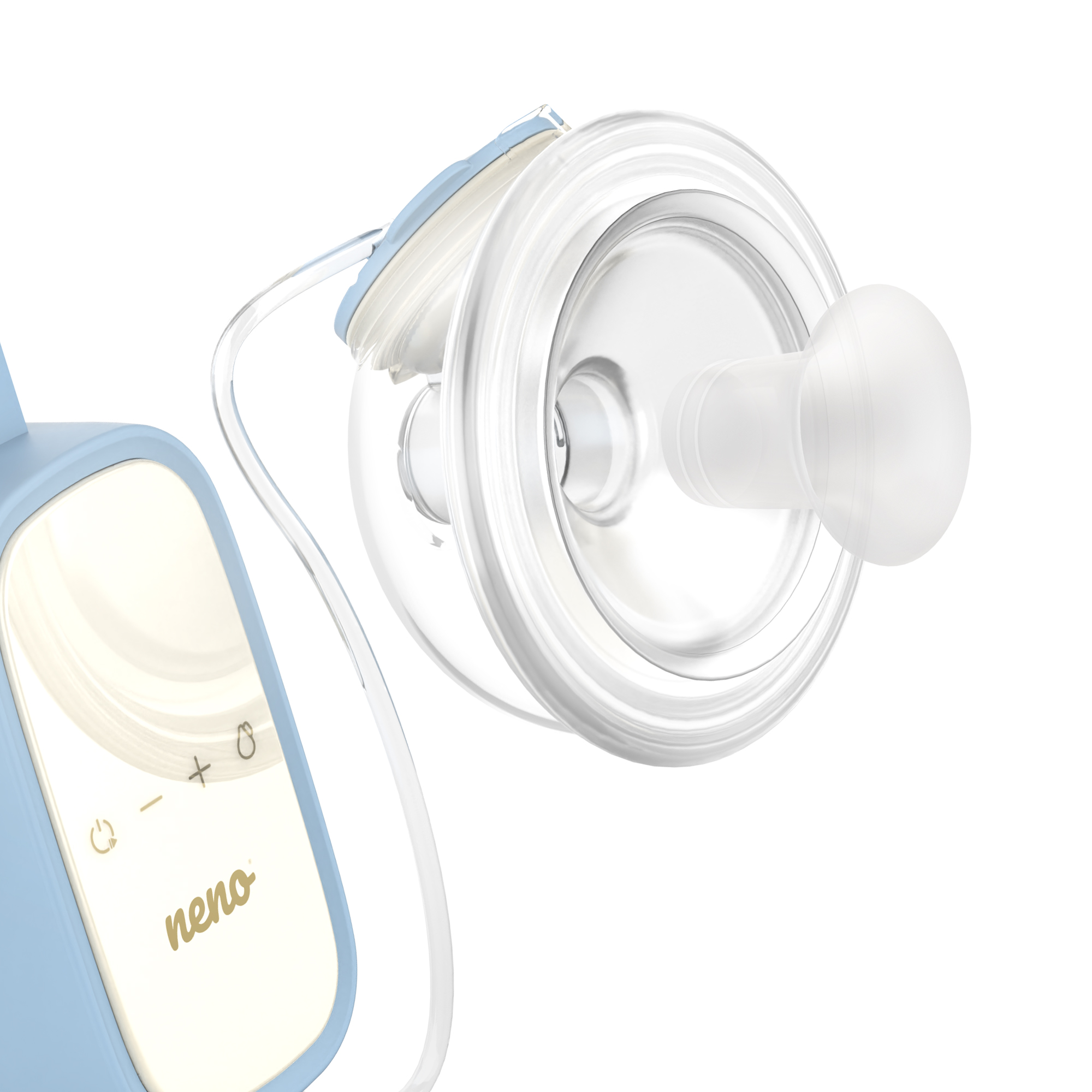 Laktator, z białą brodawką, przezroczystymi plastikowymi elementami i jasnoniebieską podstawą z napisem 'neno'.