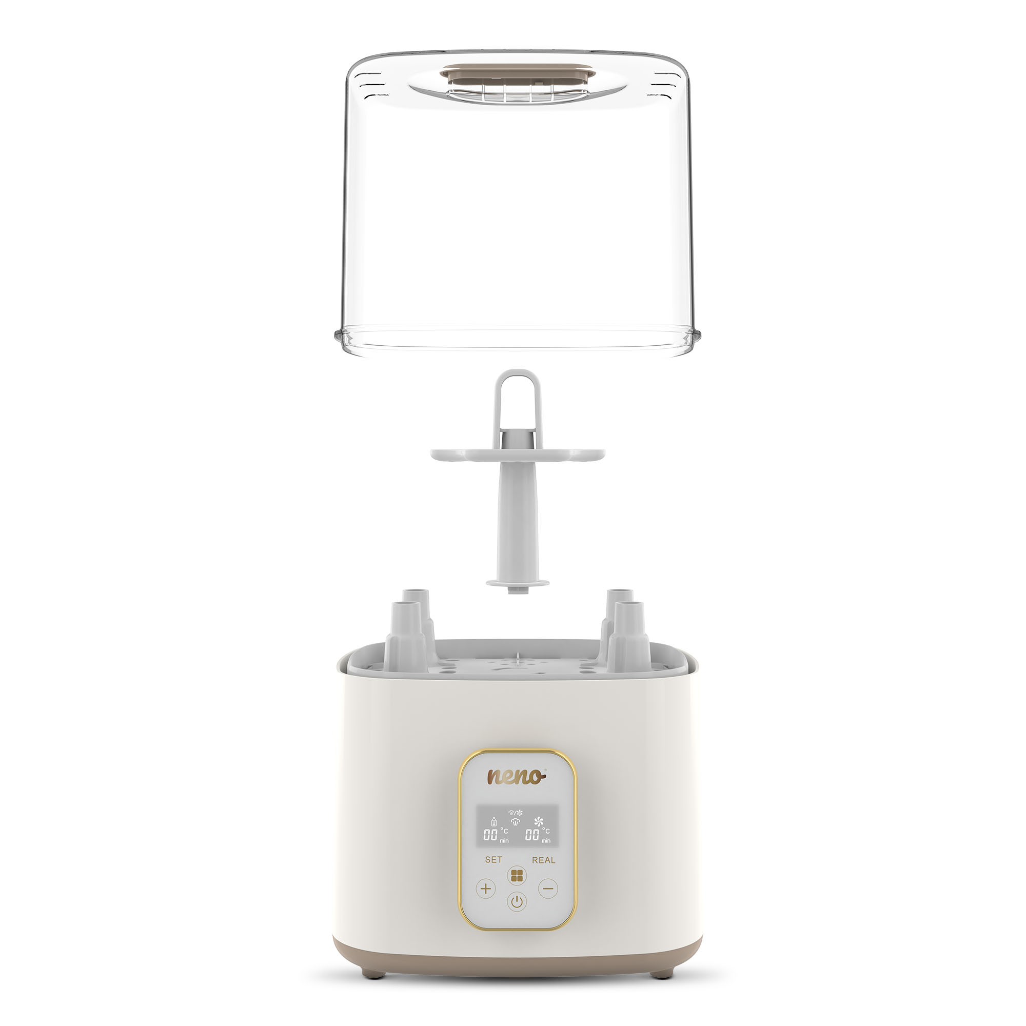 Uno sterilizzatore per biberon smontato. Ha una base beige, un coperchio trasparente e un interno bianco.