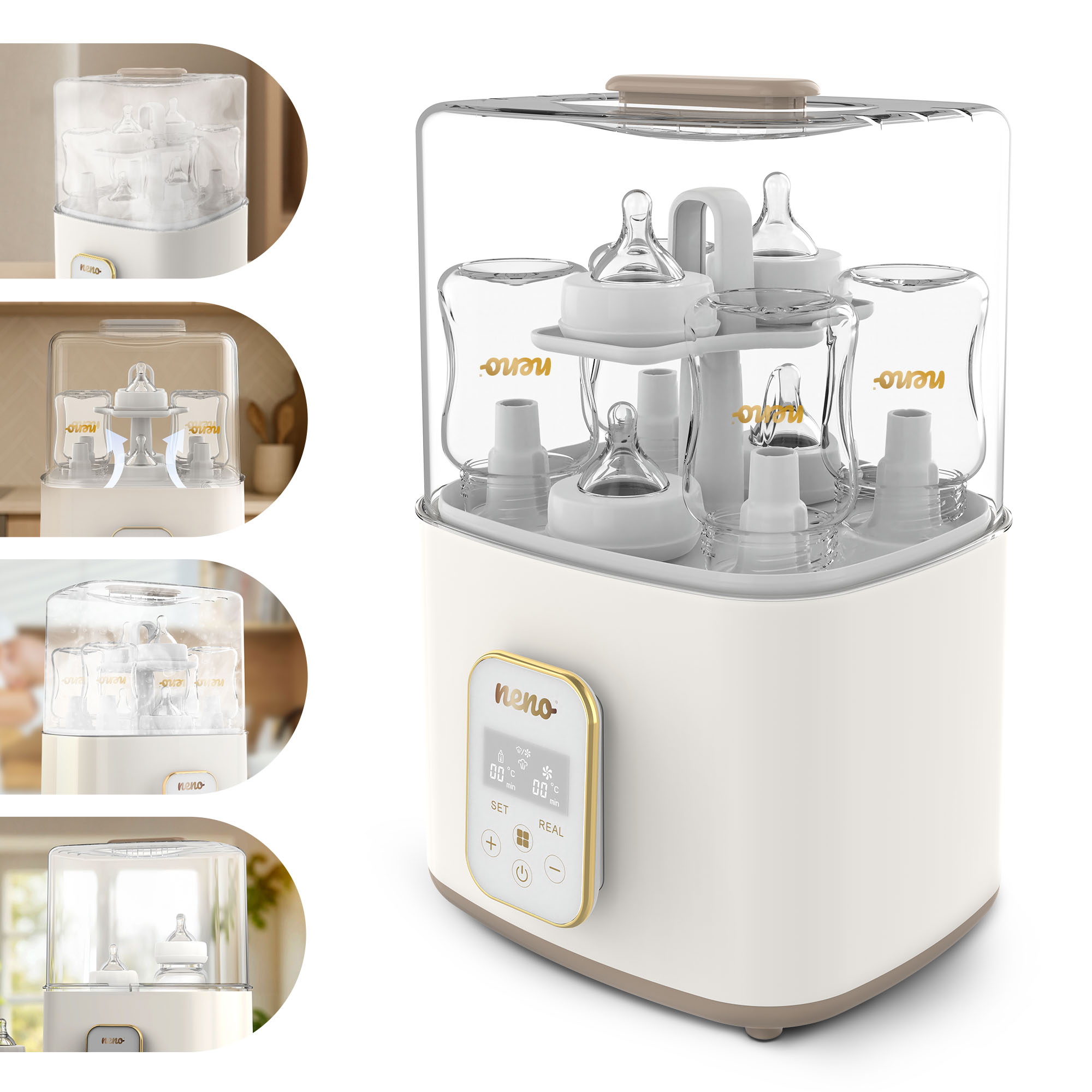 Uno sterilizzatore per biberon bianco e beige con bottiglie all'interno. Ha un display digitale e il marchio 'neno'.