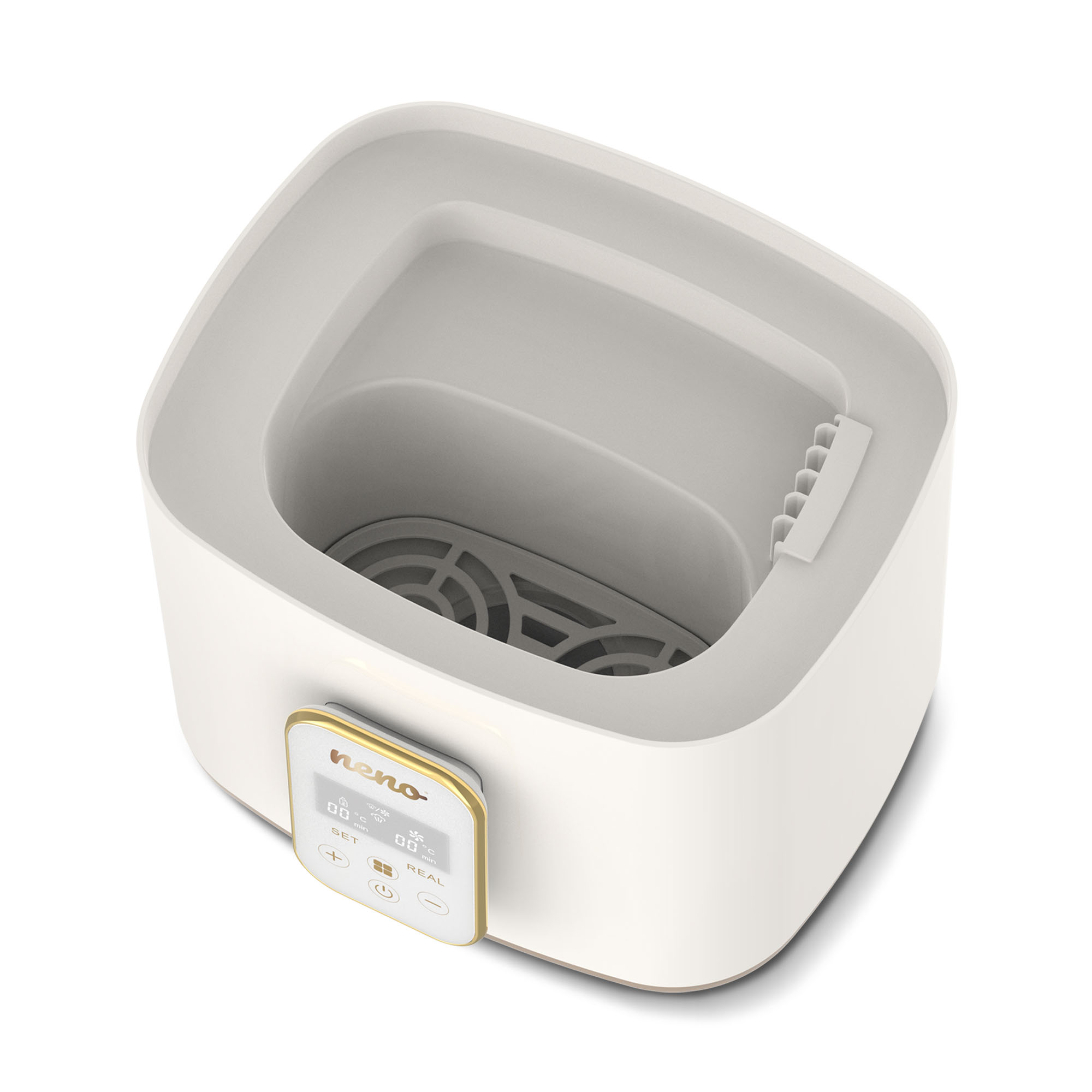 Uno scaldabiberon bianco e oro. Ha un display digitale e un design curvo. Il marchio è 'neno'.