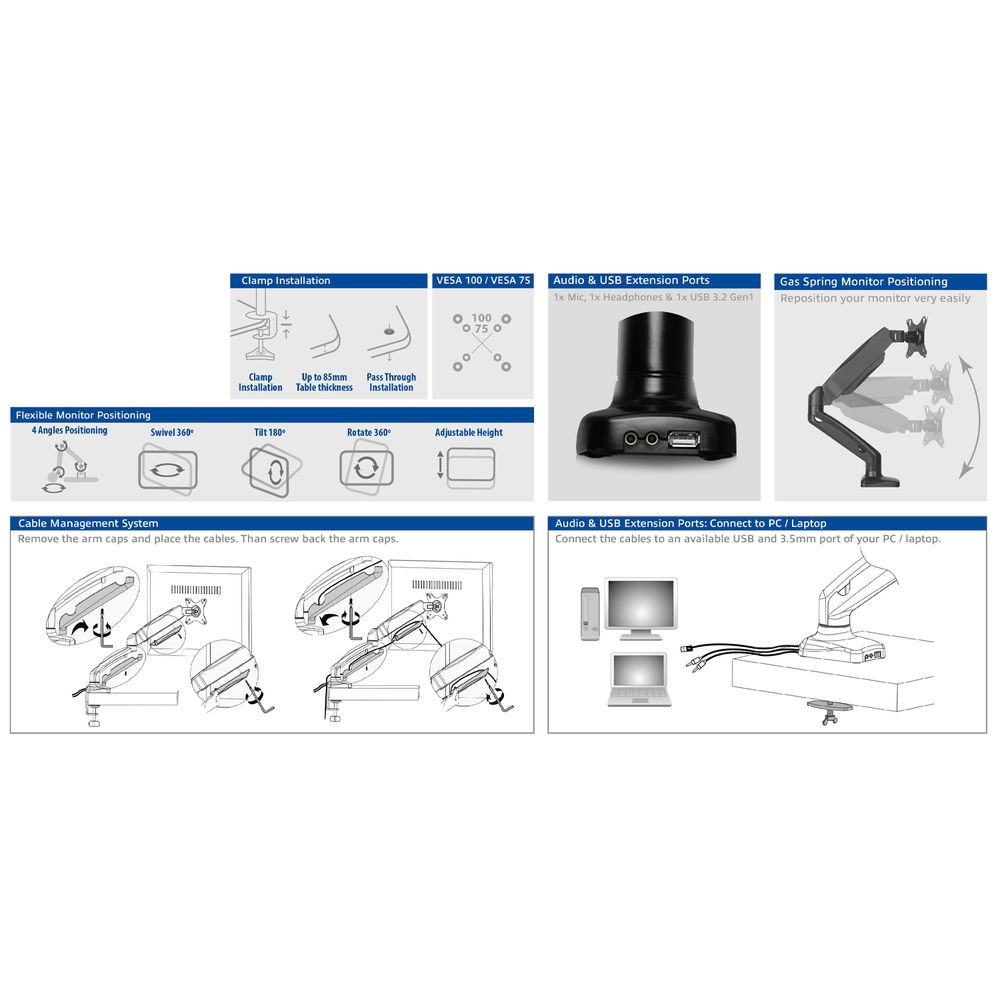Diagramme zeigen Monitorständer-Funktionen: Klemme, VESA, Audioanschlüsse, Gasfeder und Kabelmanagement. Inklusive Positionierungsoptionen.