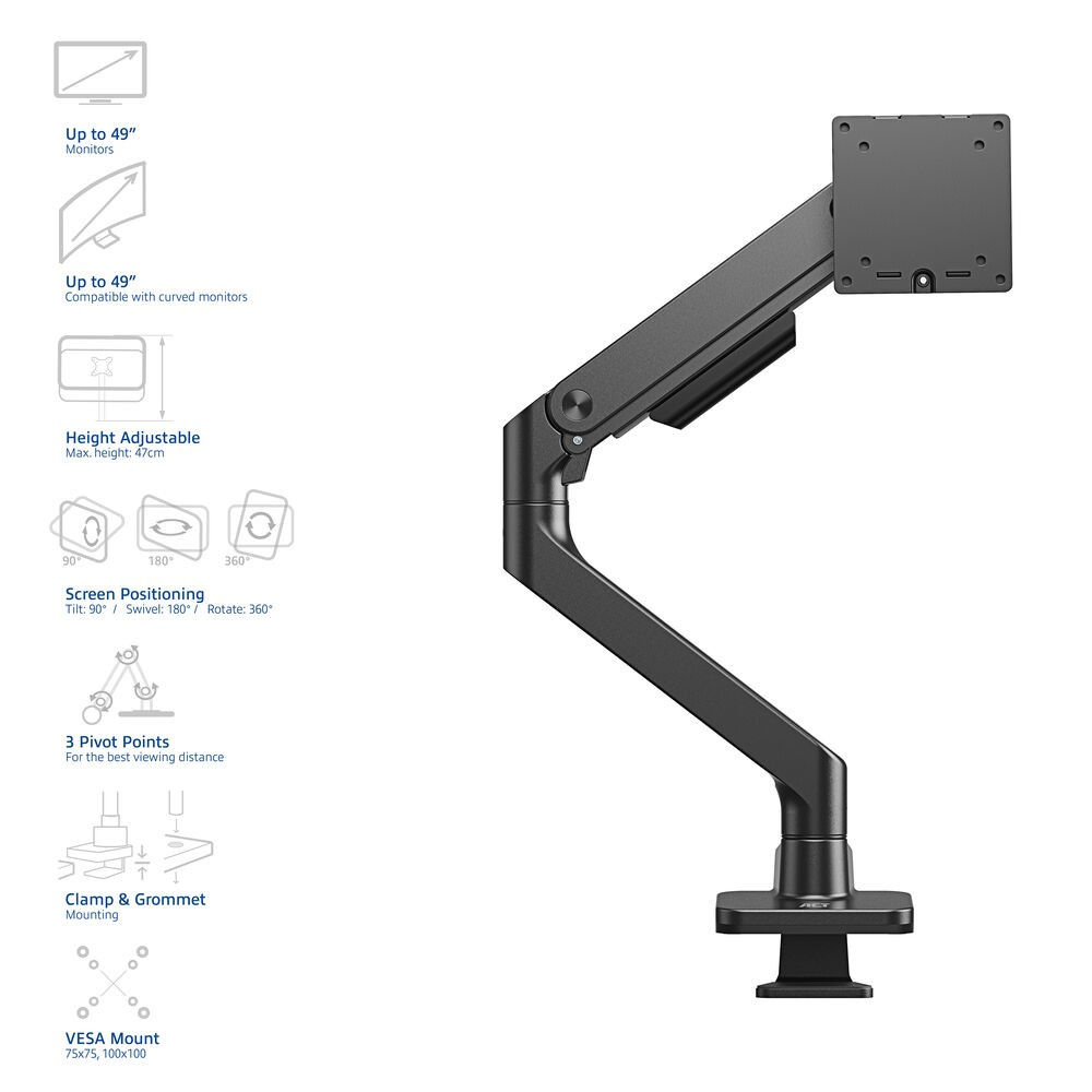 Ein schwarzer Monitorarm mit mehreren Einstellpunkten. Er unterstützt bis zu 49" Monitore mit Neige-, Dreh- und Rotationsfunktionen.