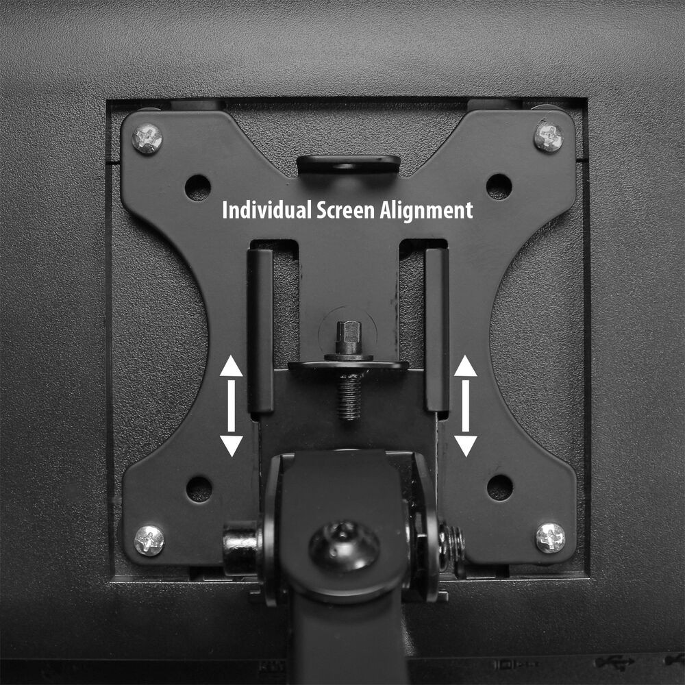 Nahaufnahme einer schwarzen Metallhalterung mit Schrauben. Text: 'Individual Screen Alignment'. Pfeile zeigen die Einstellung an.