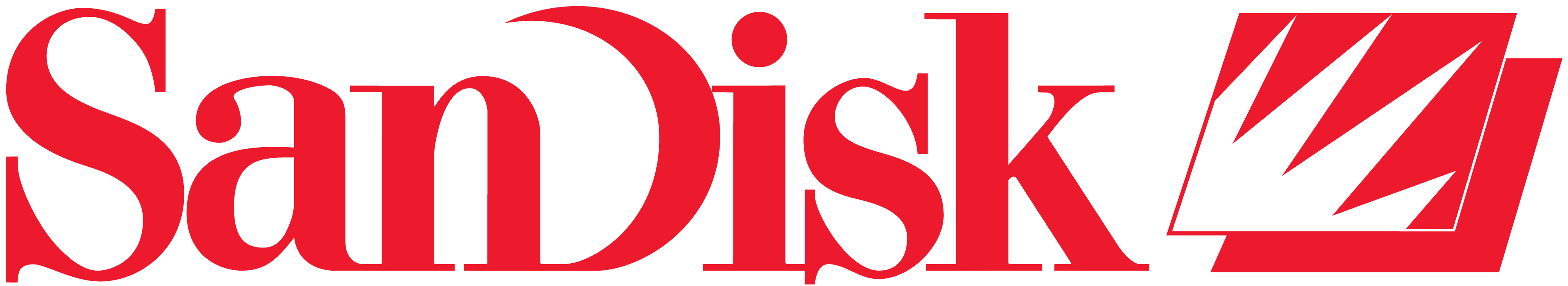 El logo de Sandisk es rojo sobre fondo blanco. Presenta la palabra "SanDisk" y un diseño estilizado.