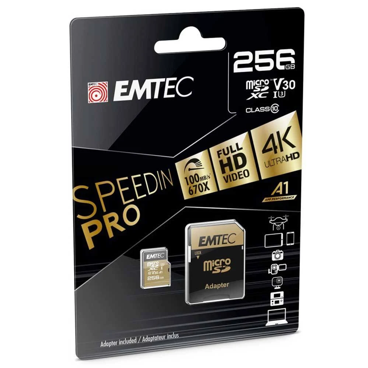 Un pacchetto nero con una scheda Micro SD EMTEC Speedin Pro da 256 GB e un adattatore. Contiene testo e icone.