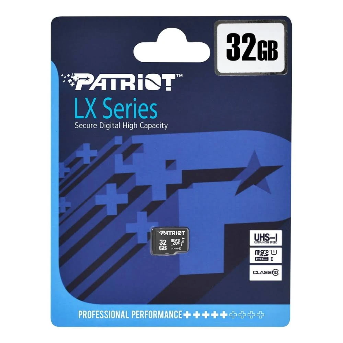Een Patriot LX Series 32GB microSD-kaartverpakking. Het heeft een blauw en wit ontwerp, met productdetails en logo's.