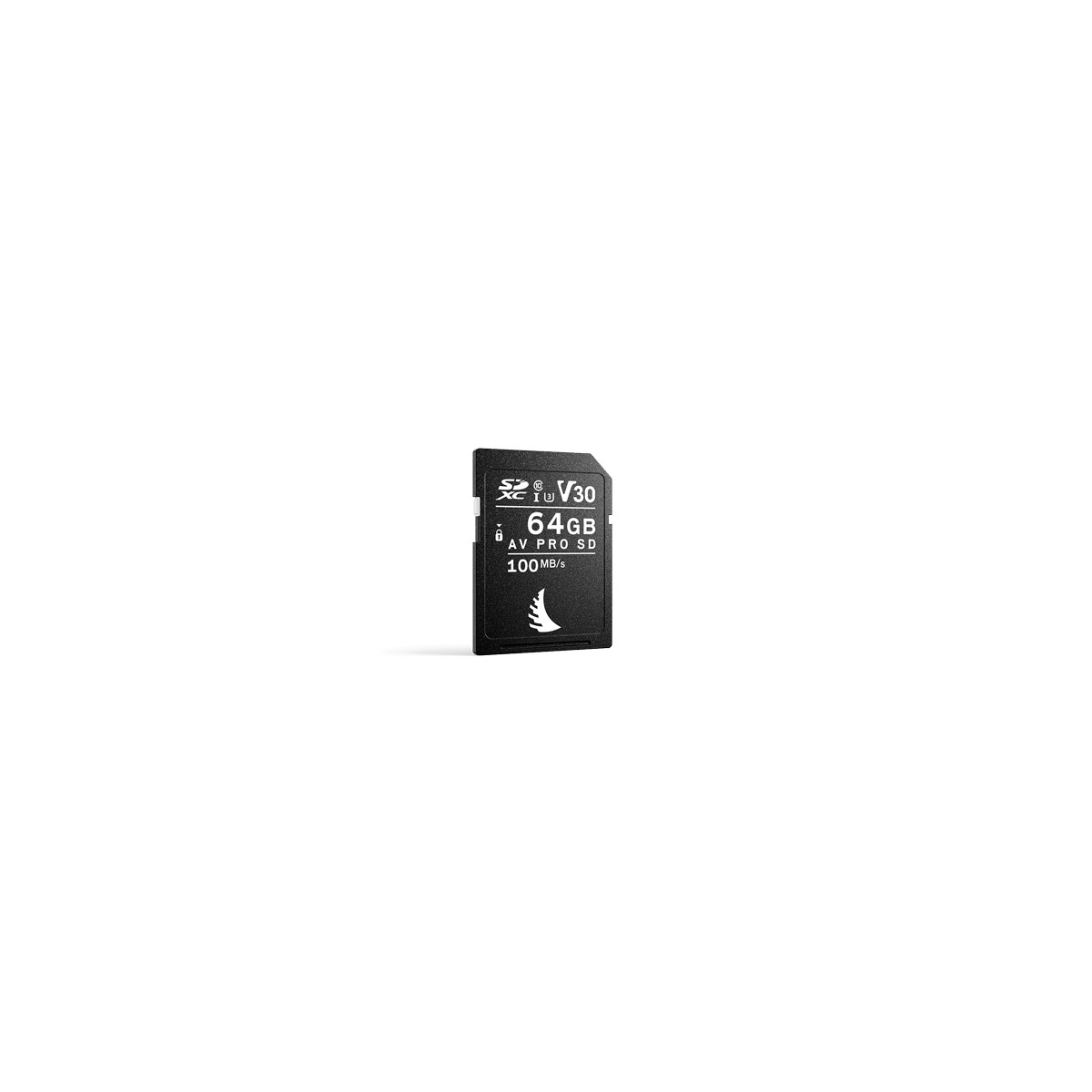 Une carte SD noire avec texte blanc indiquant 64 Go, V30 et 100 Mo/s. Elle est posée sur un fond blanc.