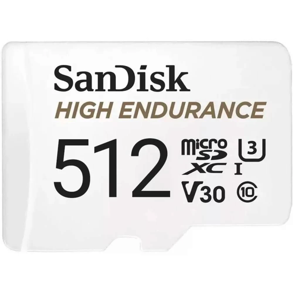 Biała karta microSD SanDisk High Endurance 512 GB. Tekst zawiera 'SanDisk', 'HIGH ENDURANCE', '512' i inne specyfikacje.