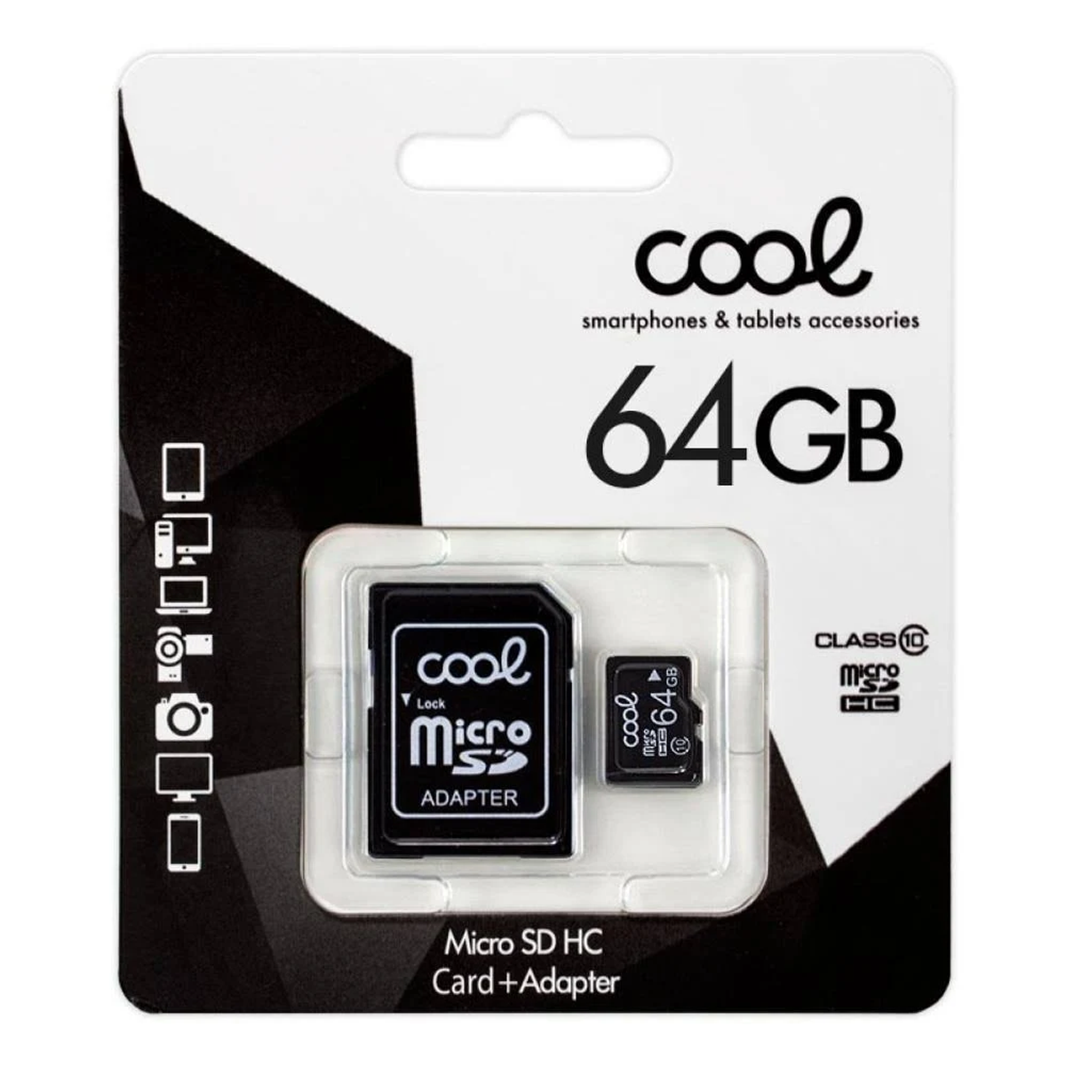 Un paquete de tarjeta Micro SD y adaptador Cool de 64 GB. Presenta el logotipo y texto de la marca. El embalaje es blanco y negro.