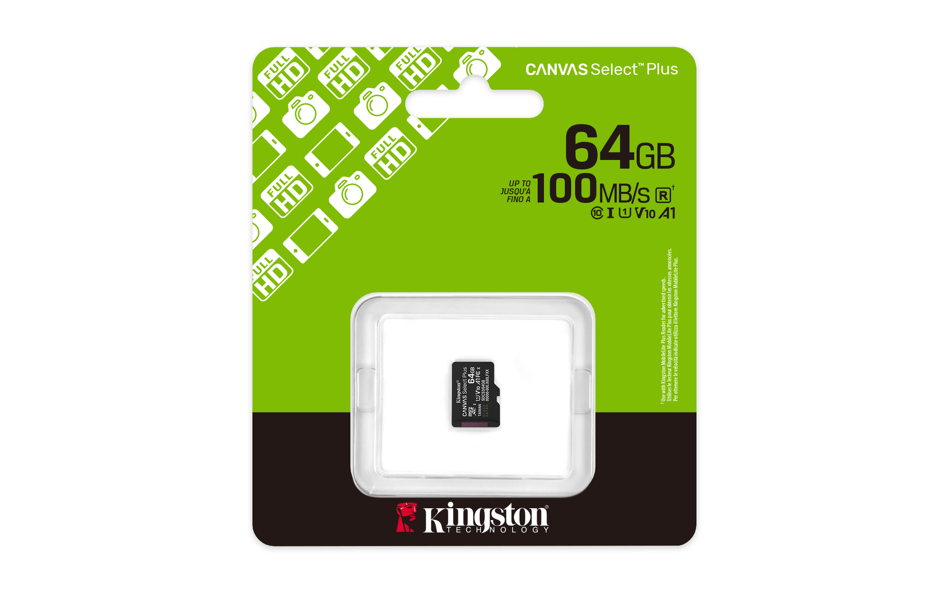 Een Kingston Canvas Select Plus 64GB SD-kaart in een doorzichtige plastic hoes. De kaart staat op een groene en zwarte achtergrond.