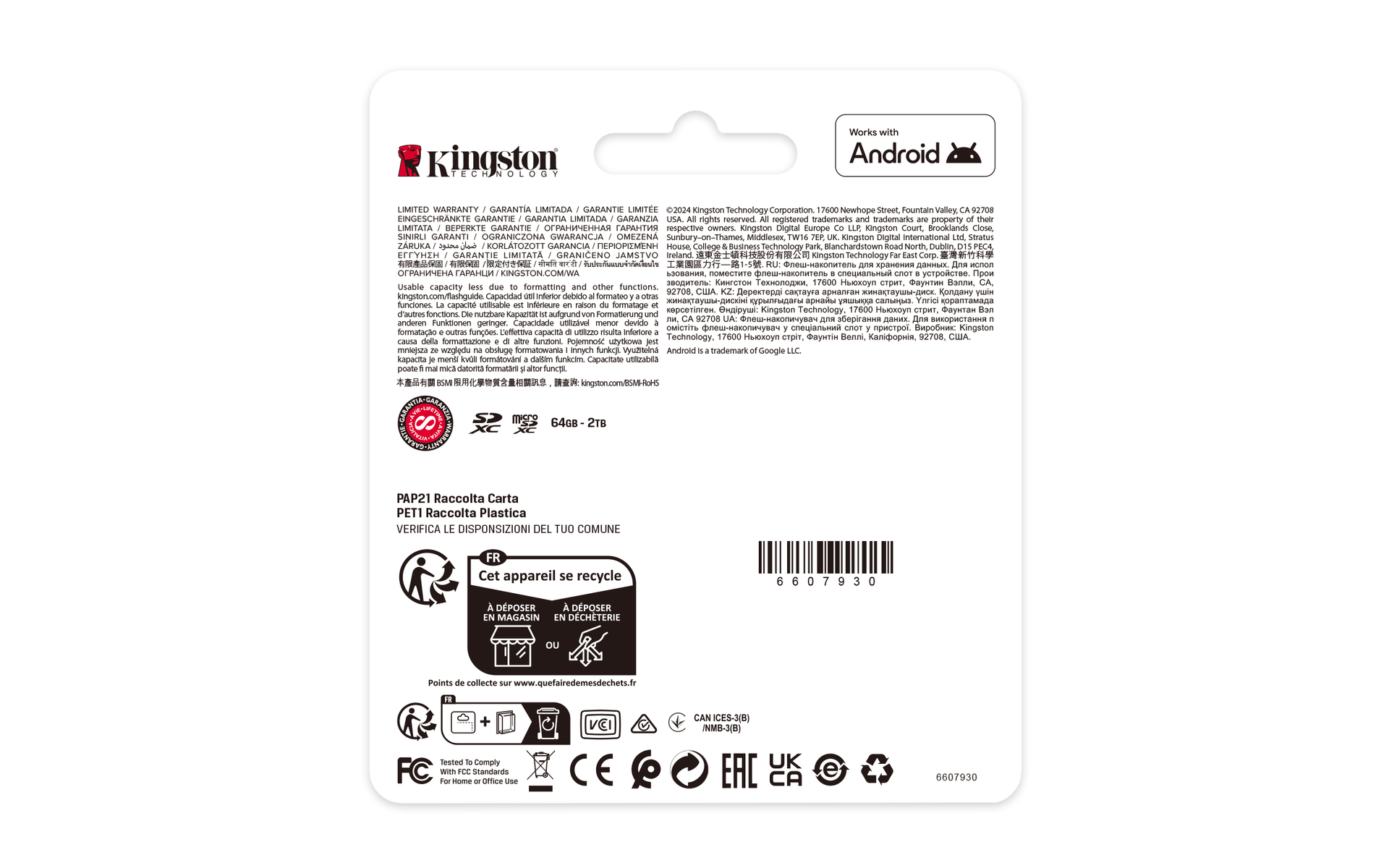 Kingston-productverpakking. Witte achtergrond met tekst, logo's en een micro-SD-kaartillustratie.