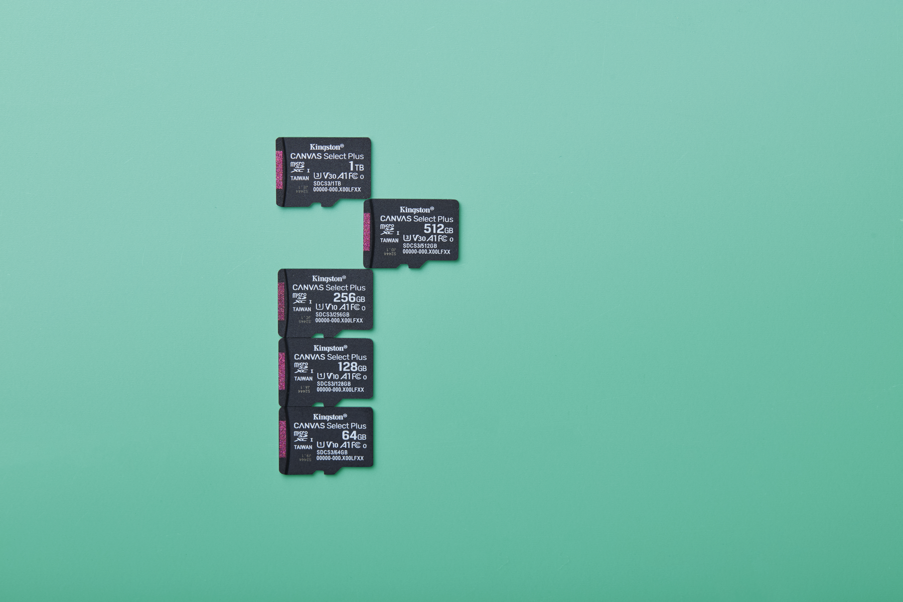 Vijf Kingston Canvas Select Plus microSD-kaarten met verschillende opslagcapaciteiten op een lichtgroen oppervlak.