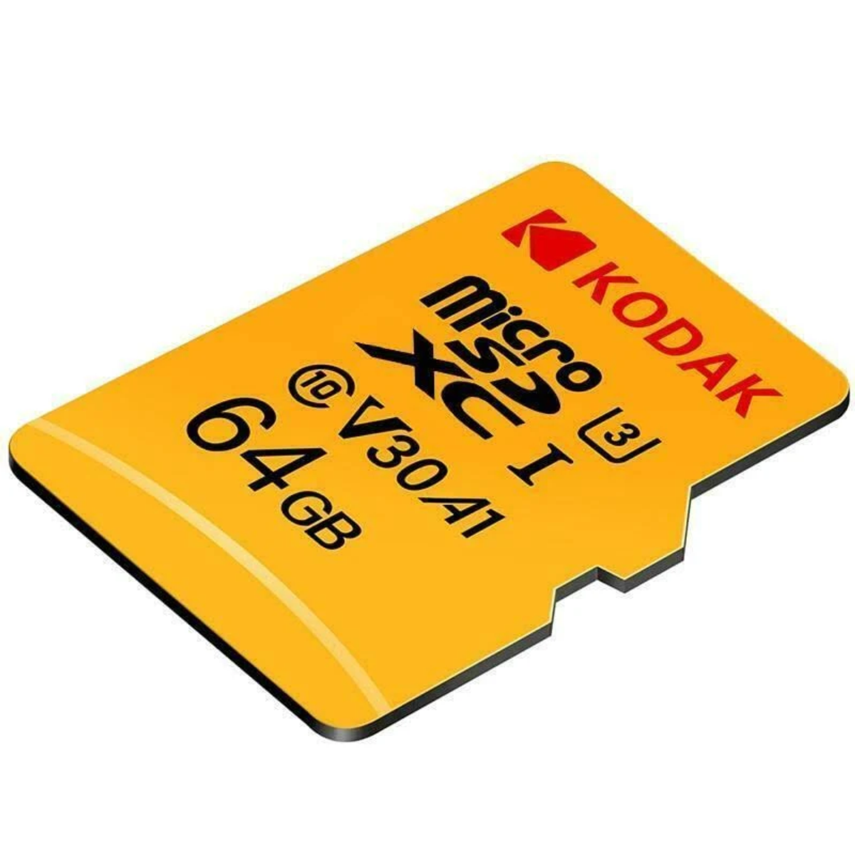 Una tarjeta microSDXC amarilla Kodak. Texto incluye 64GB, V30/A1 y Micro SD. Logotipo Kodak en rojo. El fondo es blanco.