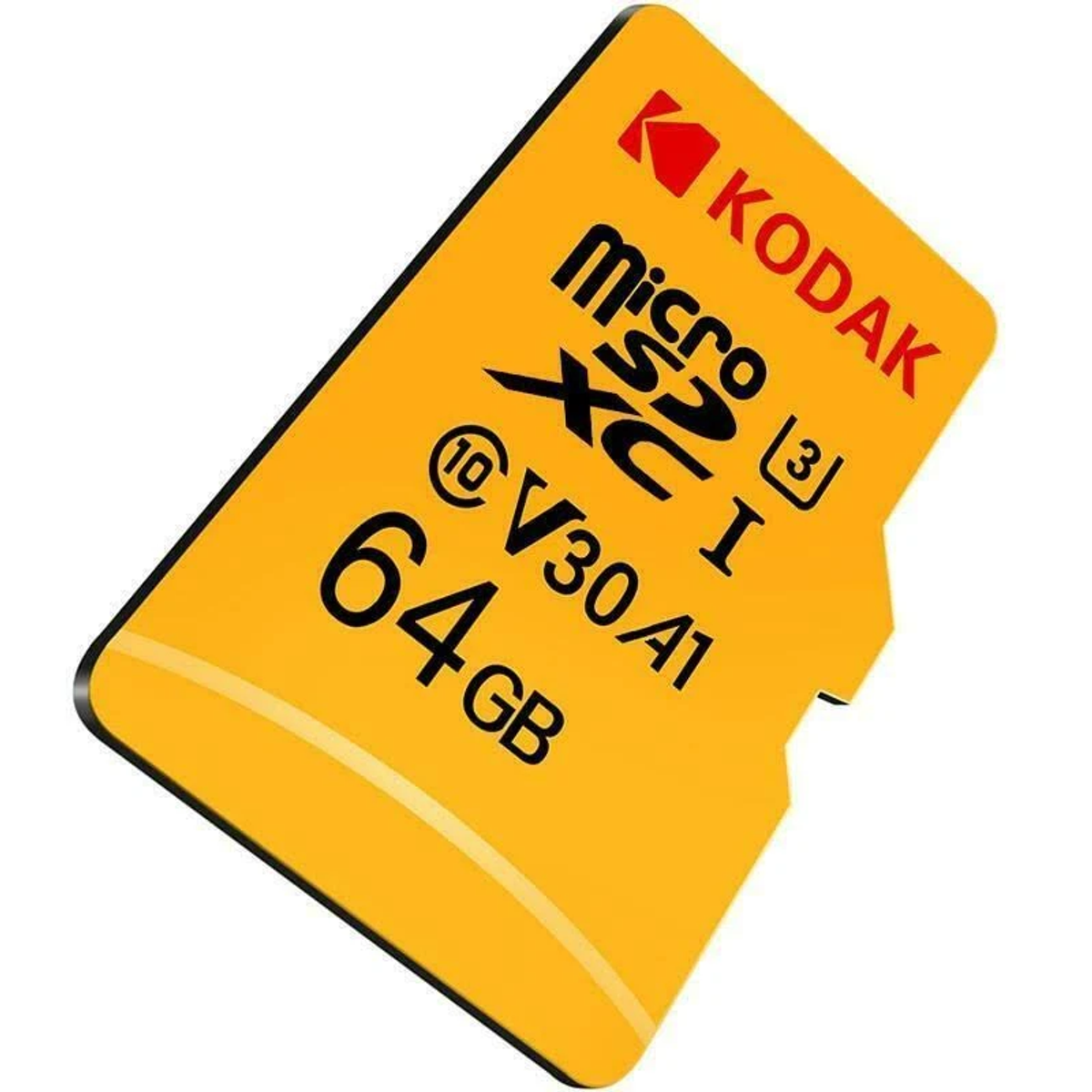 Una tarjeta Kodak Micro SDXC amarilla. Muestra 64GB, V30 A1 y el logotipo de Kodak.