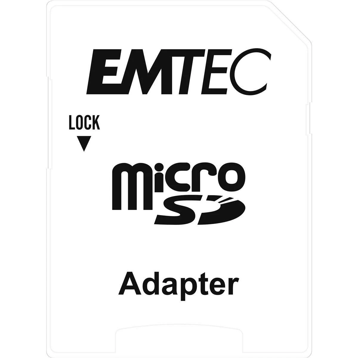 Une carte Micro SD blanche avec du texte noir. On peut lire 'EMTEC', 'micro SD' et 'Adapter'. Un symbole de verrouillage est visible.