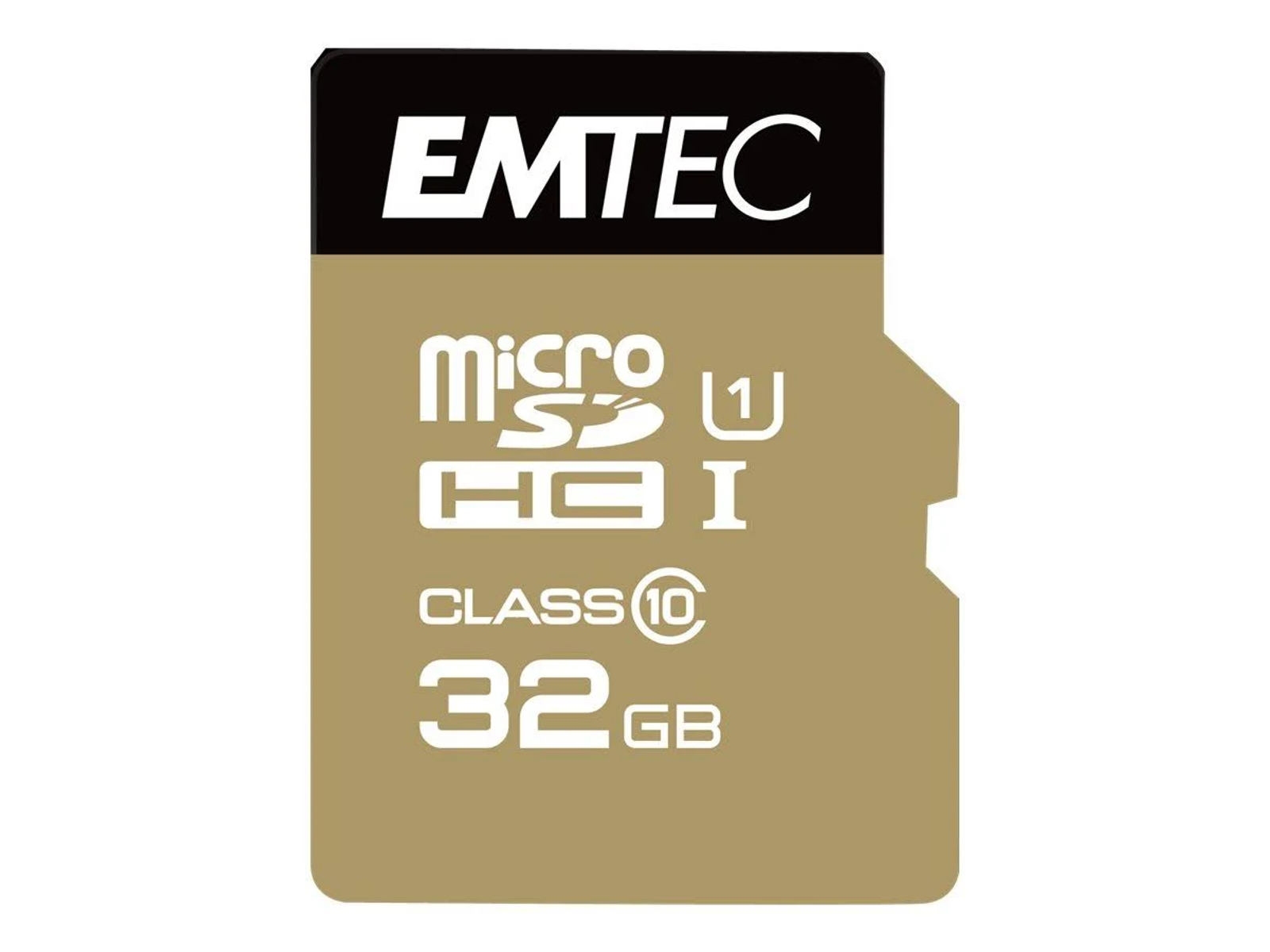Une carte microSD EMTEC 32 Go dorée et noire avec texte blanc : EMTEC, microSDHC, Classe 10 et 32 Go.