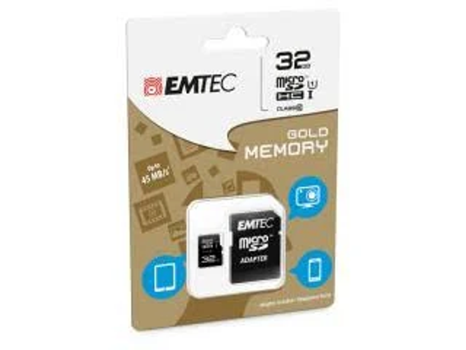 Carte microSD EMTEC 32 Go sur un emballage doré et blanc. Comprend un adaptateur. L'emballage affiche des icônes et du texte sur le produit.