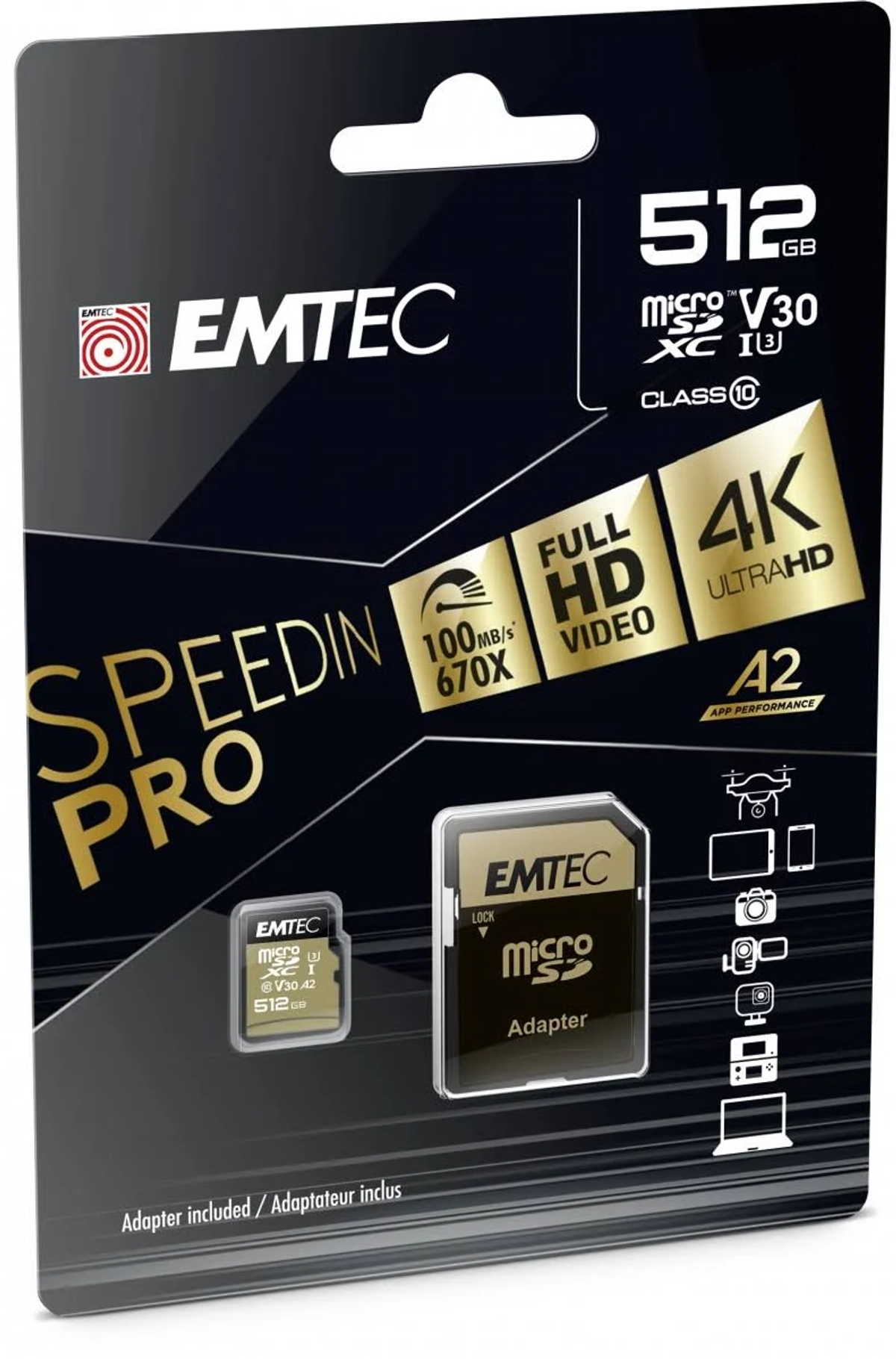 EMTEC Micro SD-kaartverpakking. Kenmerken: 512GB, 4K Ultra HD en Full HD video-ondersteuning. Inclusief adapter. Zwart en goud.