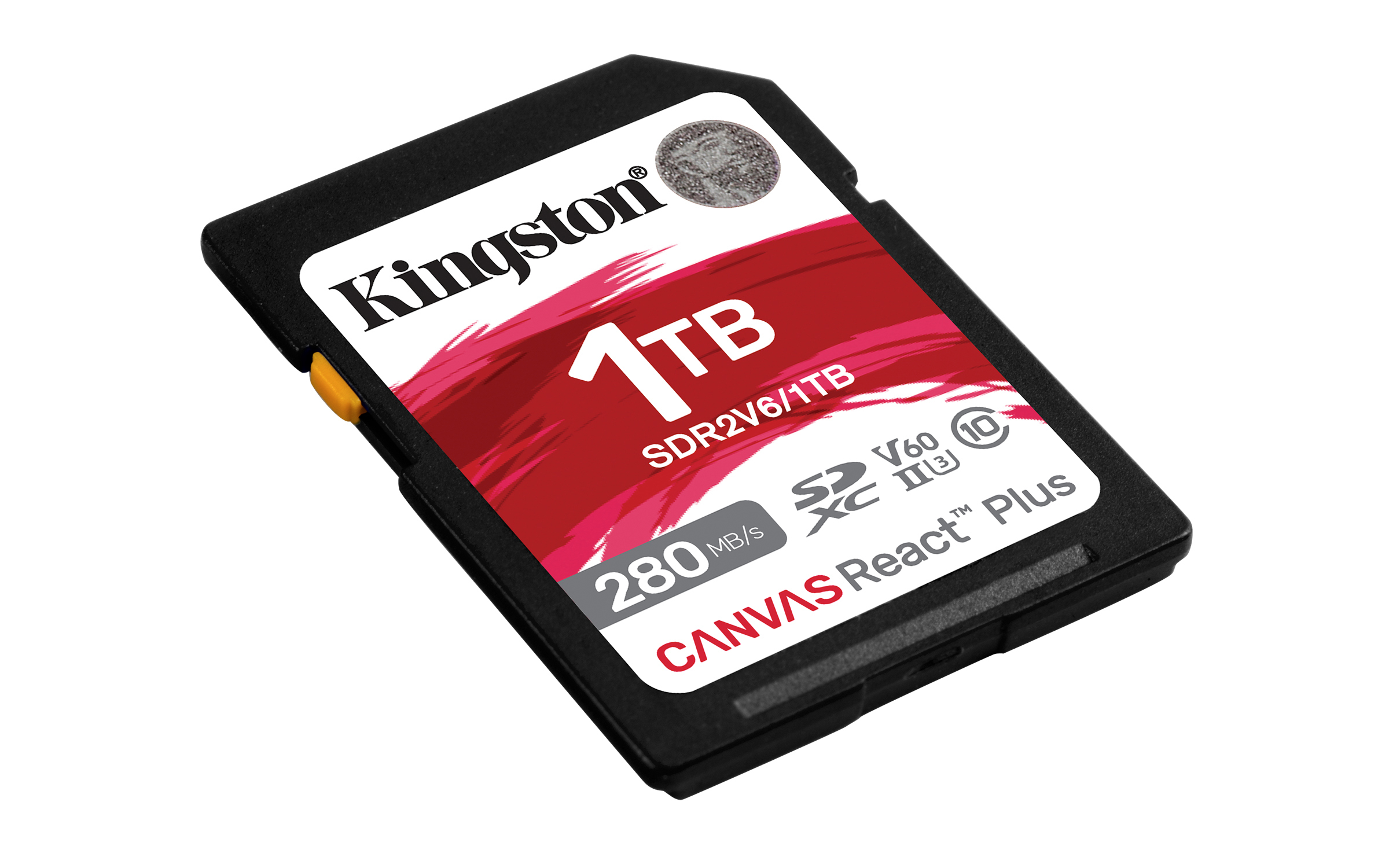 Une carte SD Kingston 1 To. Noire avec étiquette rouge et blanche, logo Kingston et détails de vitesse.