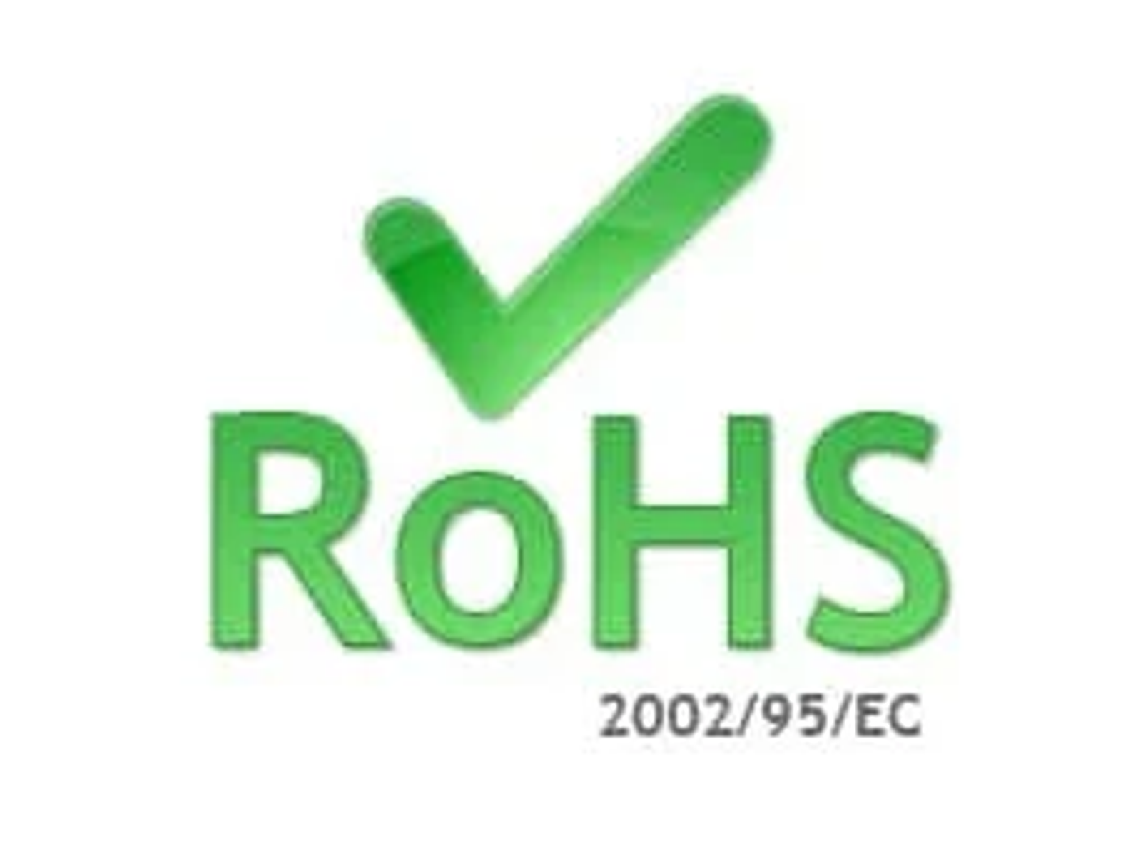 La imagen muestra el logotipo RoHS con una marca de verificación verde sobre texto verde que dice RoHS. Debajo está 2002/95/EC.