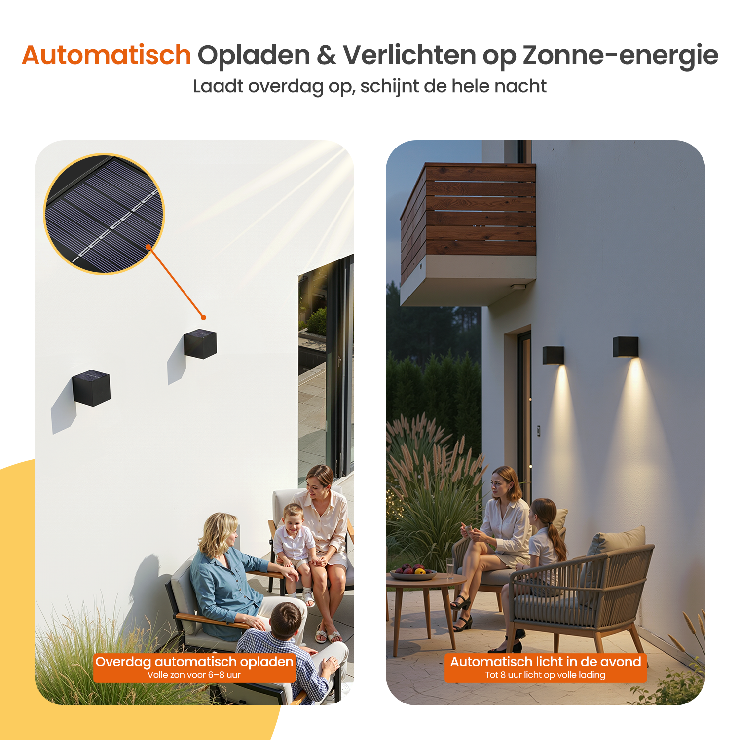 Das Bild zeigt solarbetriebene Lichter. Menschen sitzen in Stühlen, der Text sagt, dass die Lichter sich in der Sonne aufladen und nachts leuchten.
