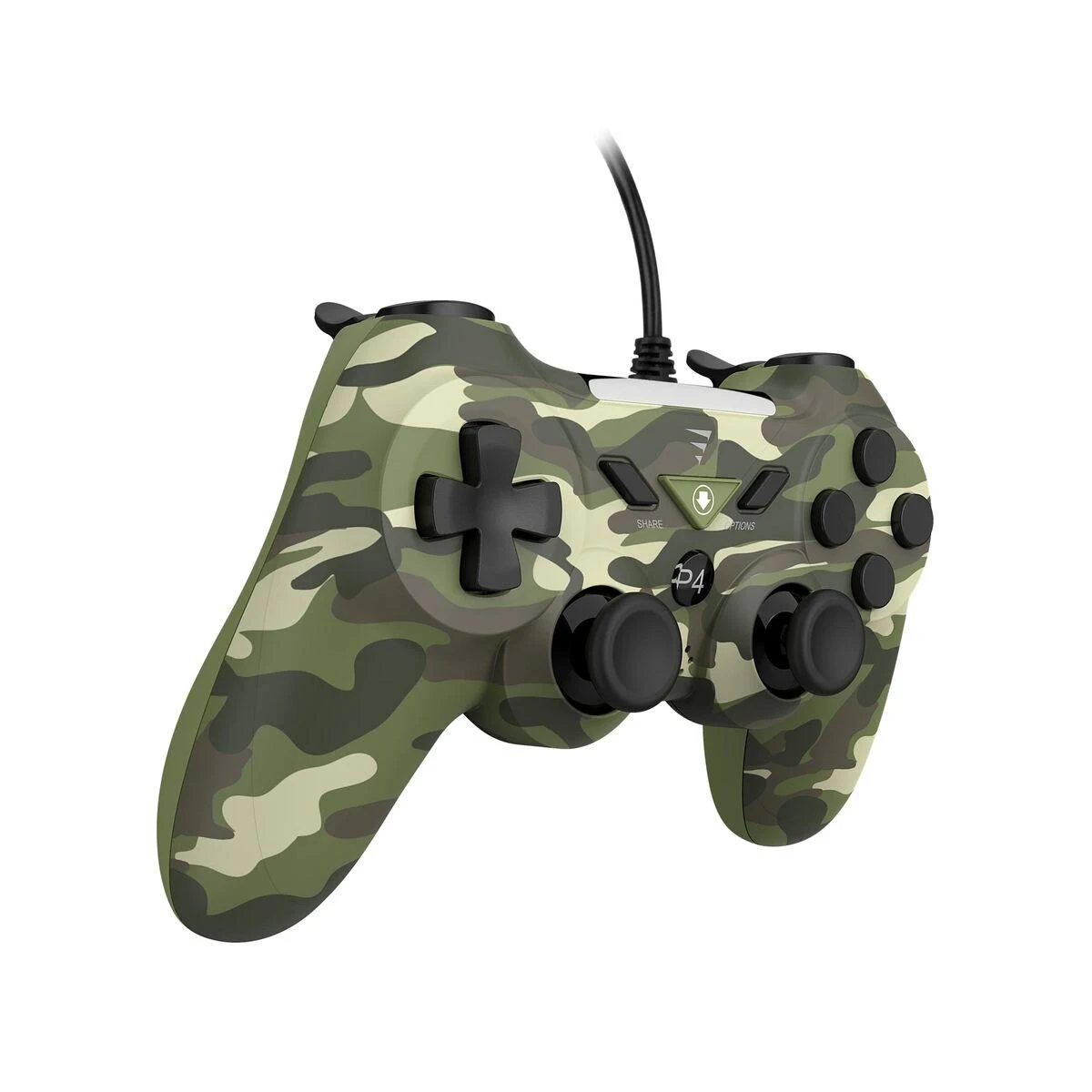 Un mando de PS4 con estampado de camuflaje y cable negro. Tiene botones y palancas analógicas negras. El fondo es blanco.